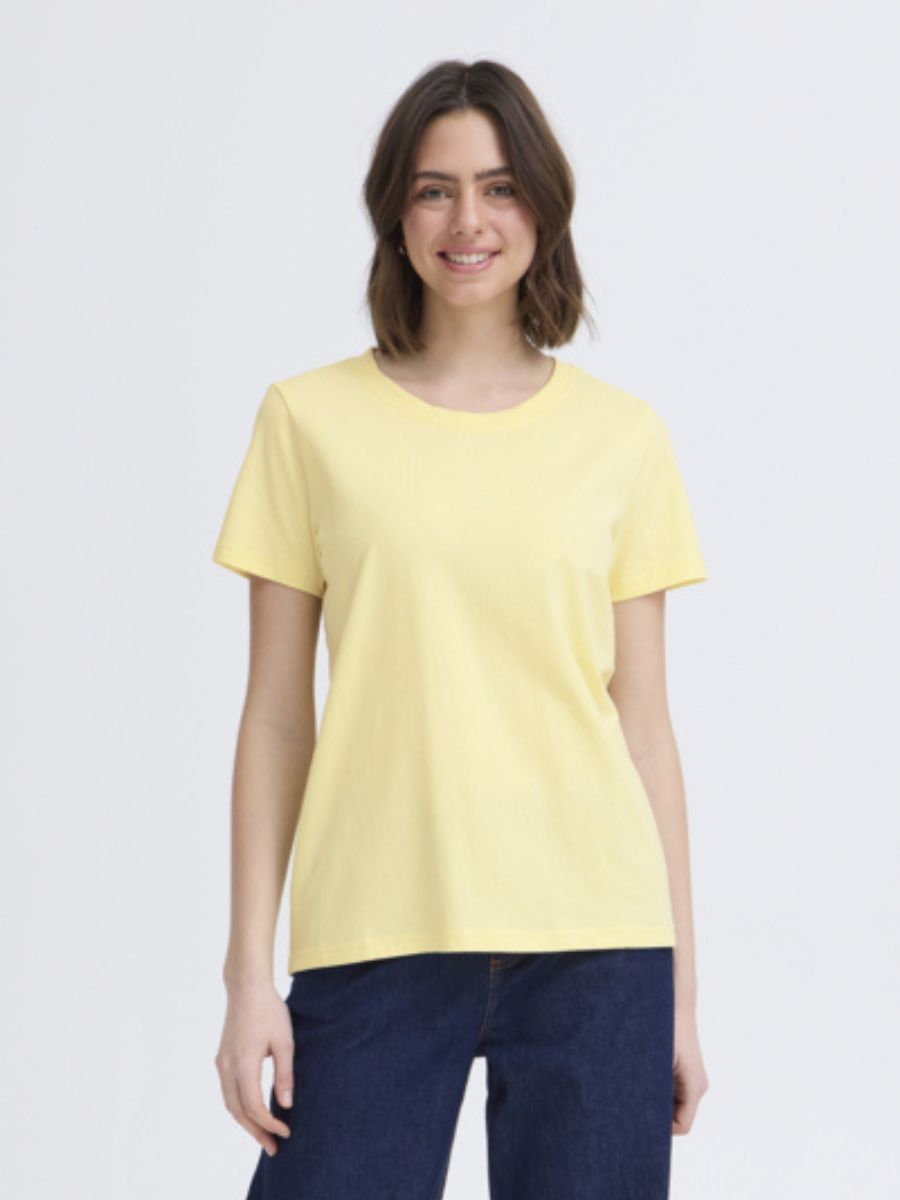 Yellow Fransa Shoulder Detail Short Sleeve Crew Neck T-Shirt paired with dark blue denim jeans on a model.