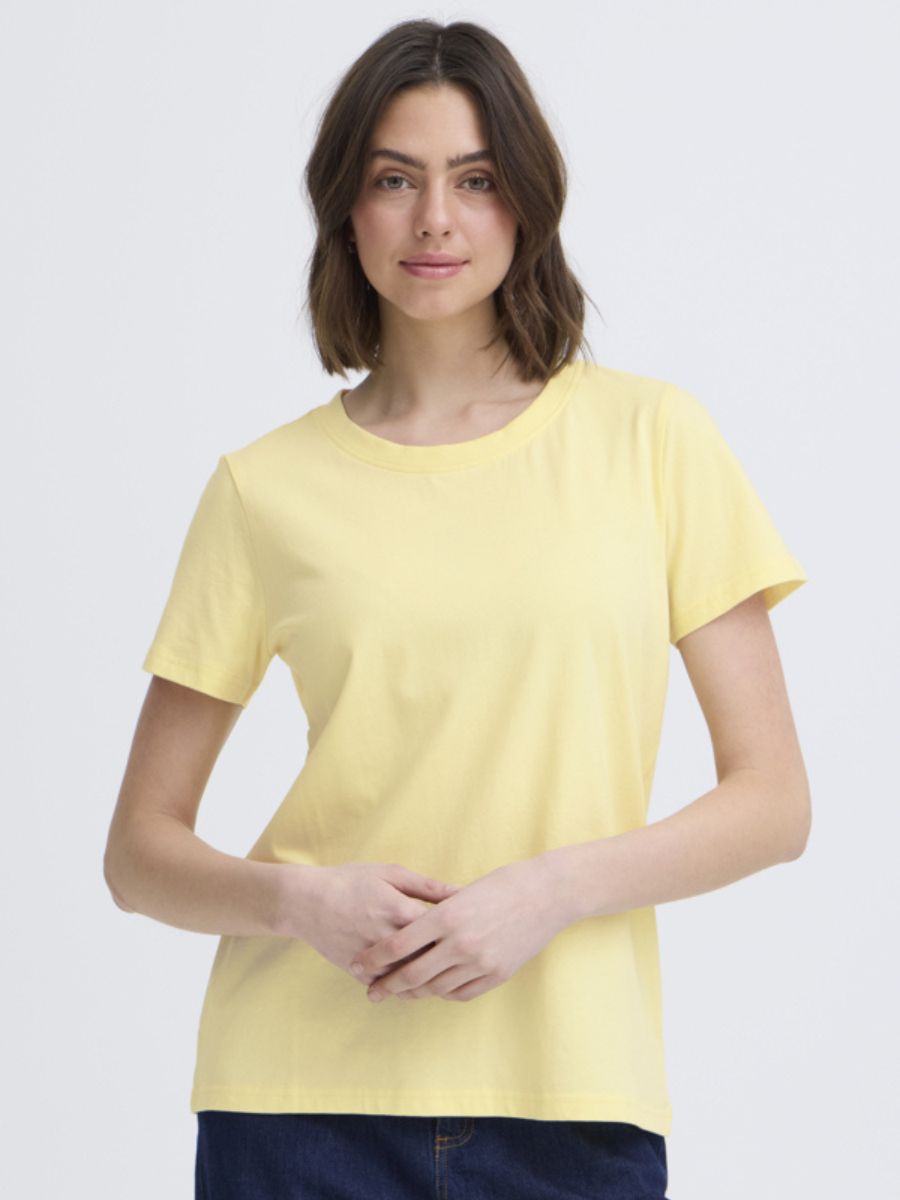Fransa Shoulder Detail Short Sleeve Crew Neck T-Shirt in soft yellow cotton top perfect for casual wear