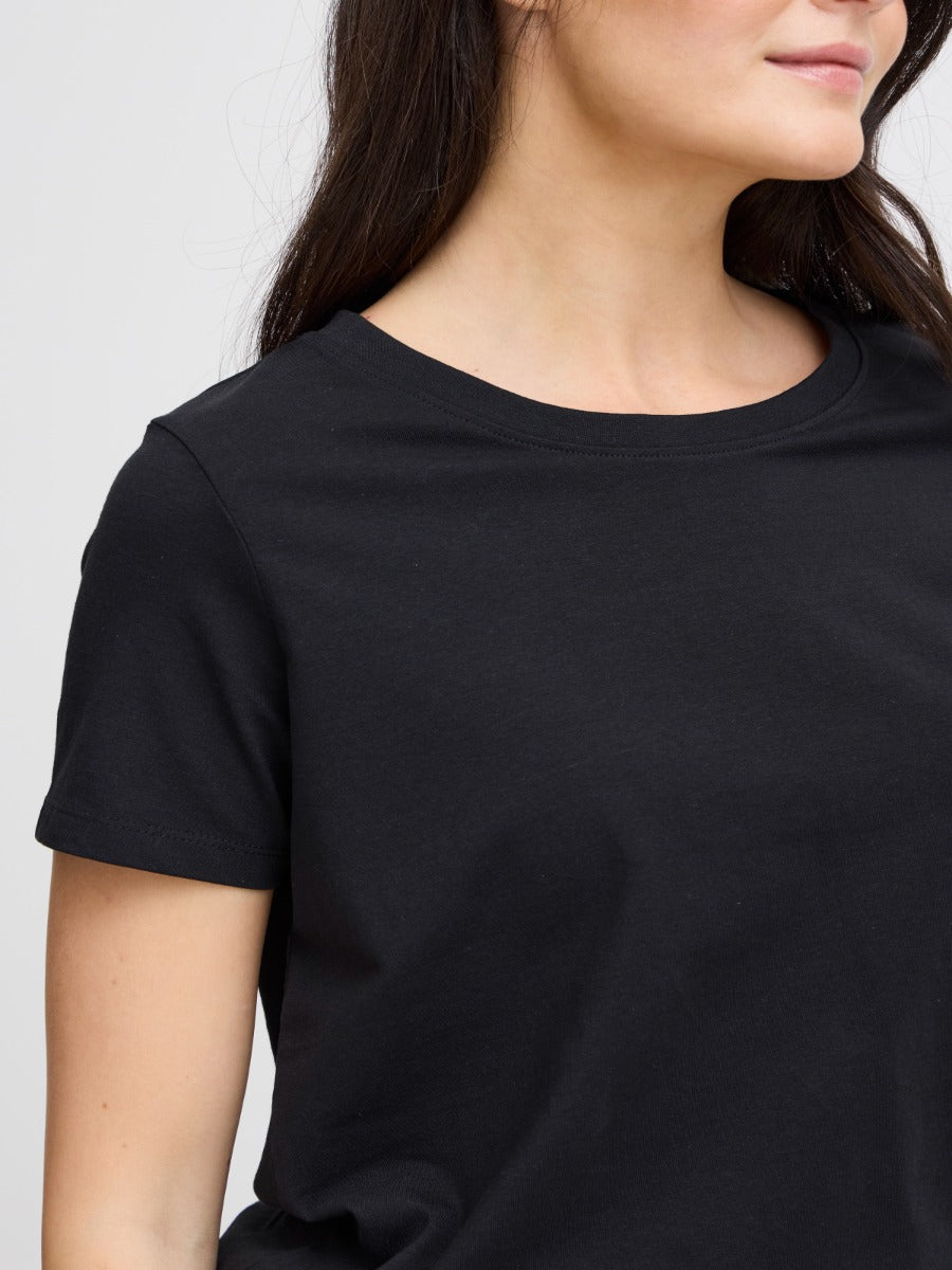 Fransa Shoulder Detail Short Sleeve Crew Neck T-Shirt in black cotton knit with subtle shoulder detail and short sleeves.
