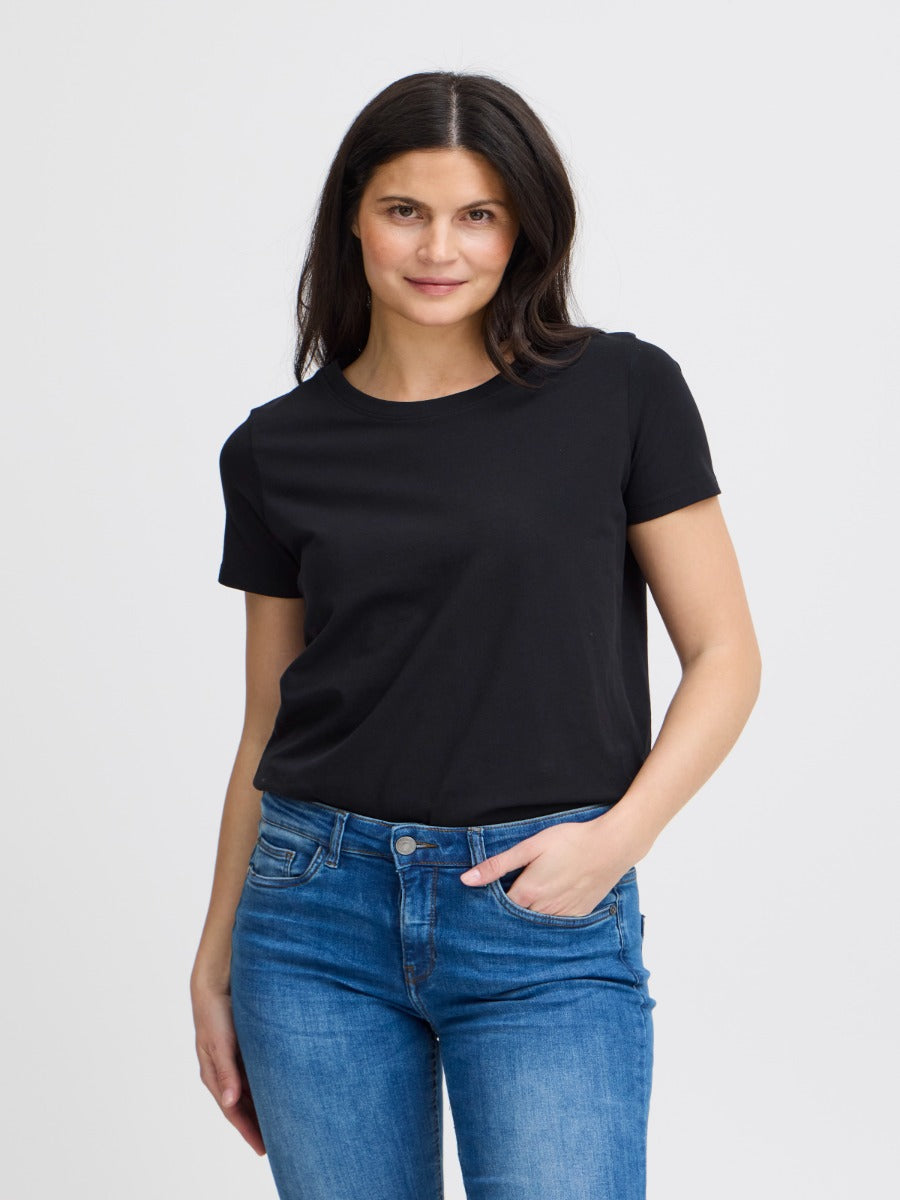 Black Fransa Shoulder Detail Short Sleeve Crew Neck T-Shirt paired with blue denim jeans by Fransa in a casual style.