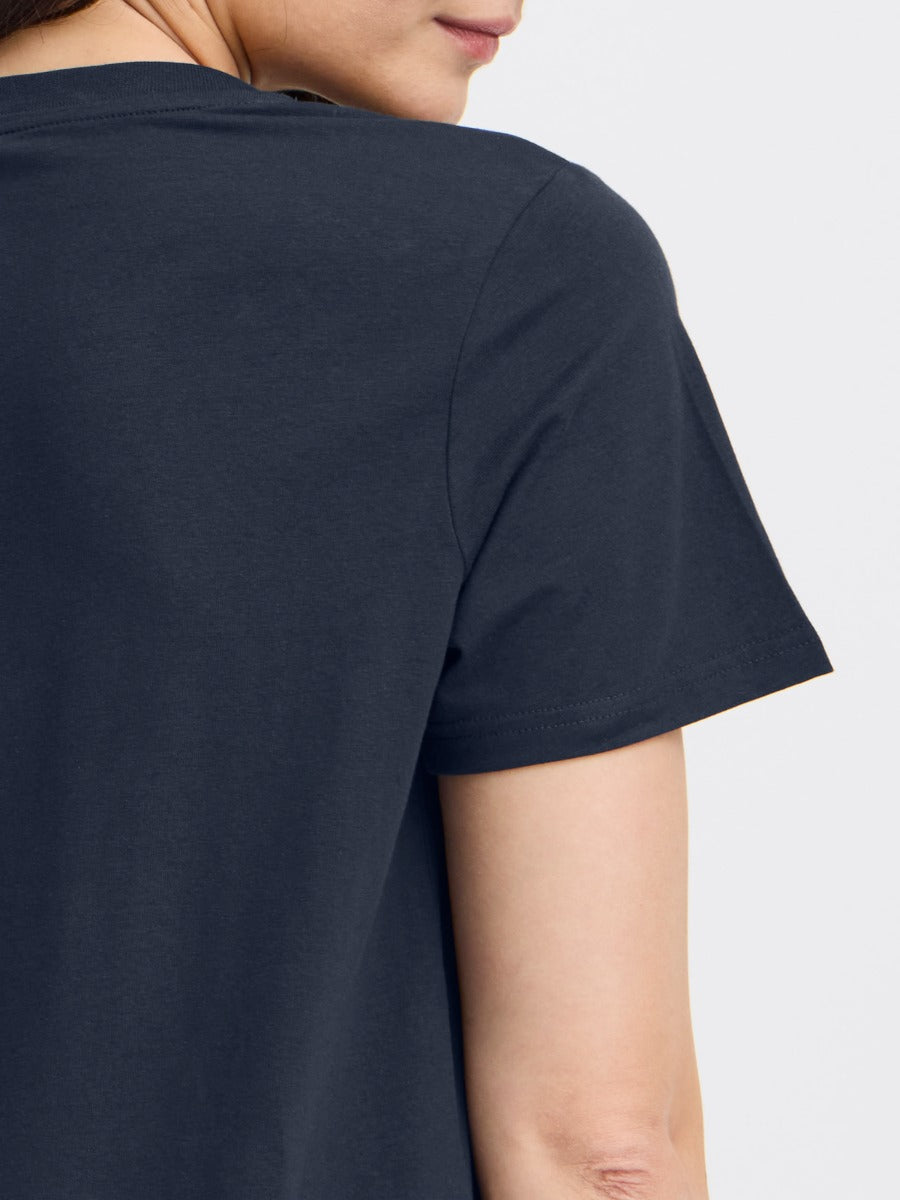 Close-up of navy blue Fransa Shoulder Detail Short Sleeve Crew Neck T-Shirt sleeve and shoulder showing fabric texture and fit