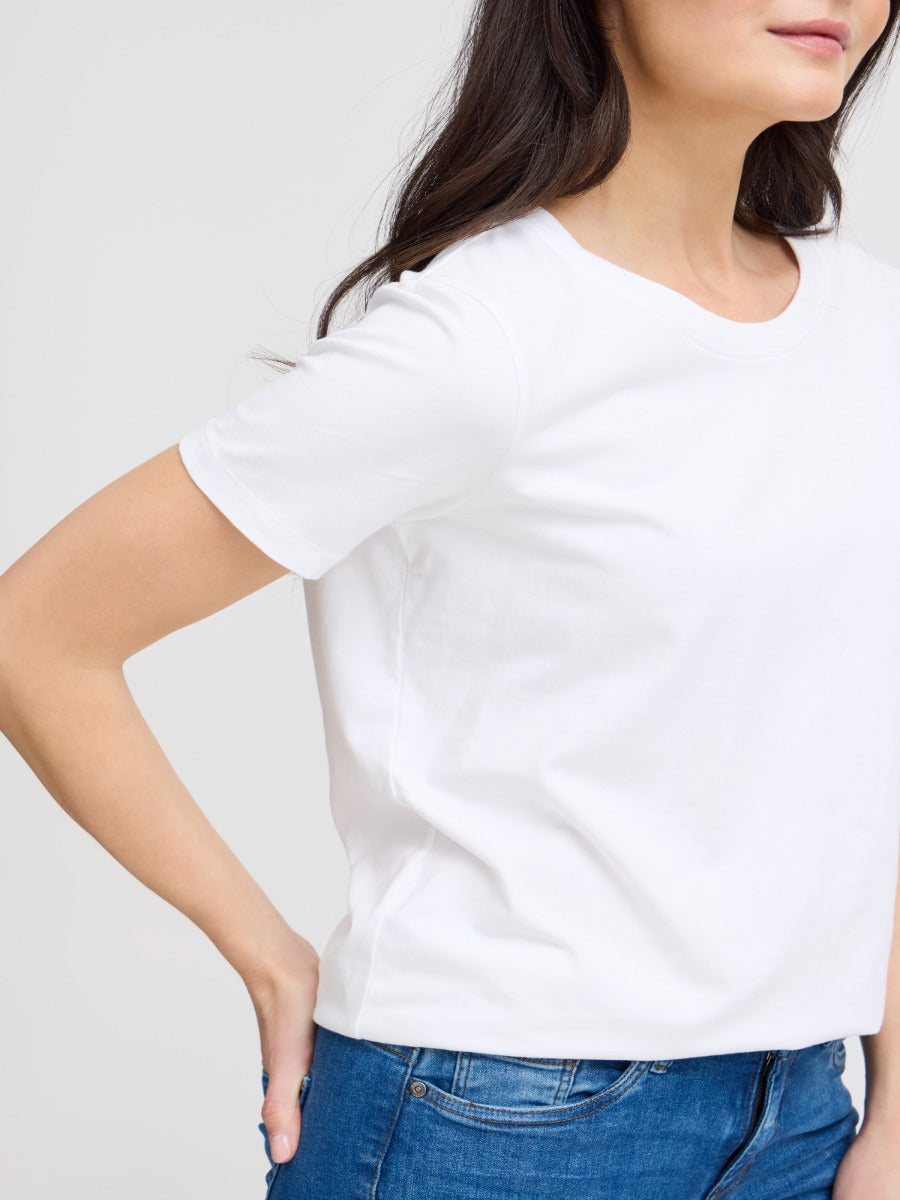Fransa Shoulder Detail Short Sleeve Crew Neck T-Shirt in white cotton paired with blue denim jeans.