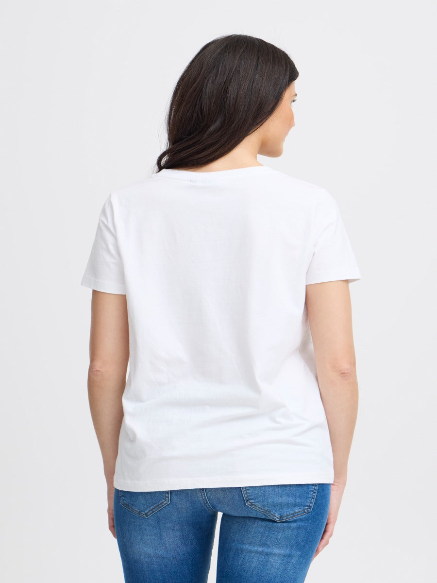 Back view of white Fransa Shoulder Detail Short Sleeve Crew Neck T-Shirt paired with blue denim jeans