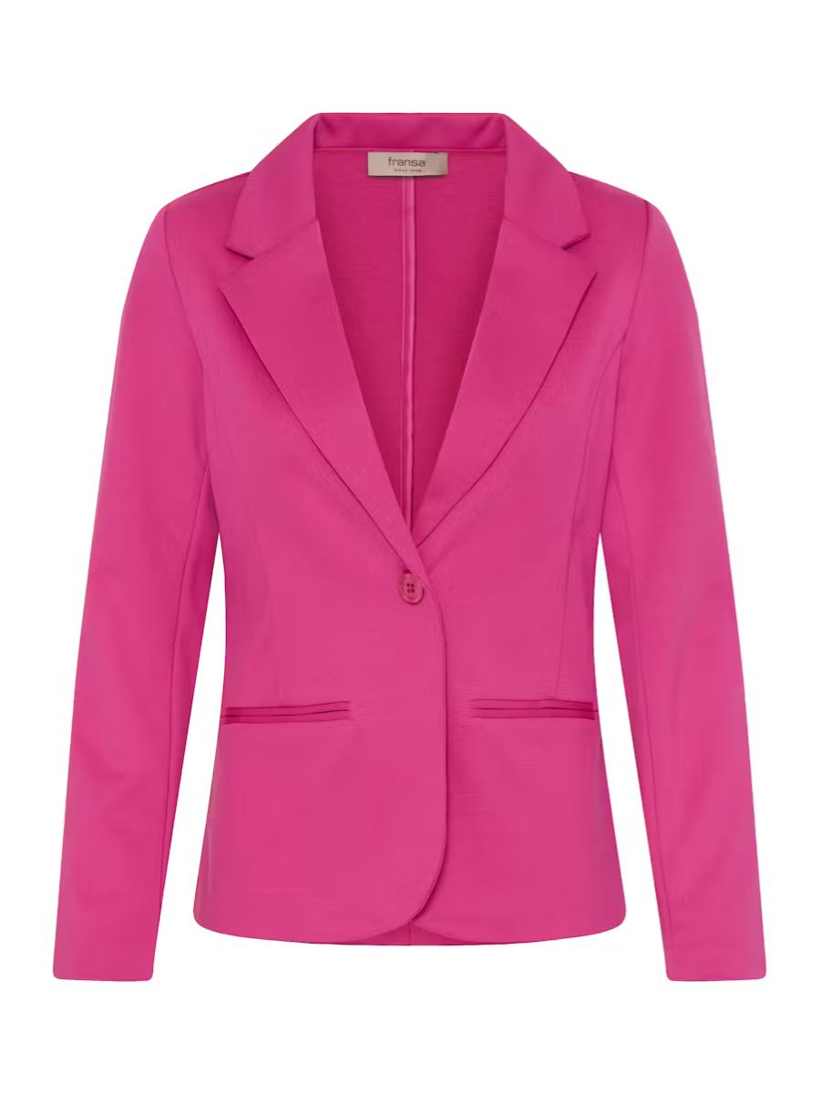 Bright pink tailored blazer with single button closure and notched lapels, featuring front welt pockets.