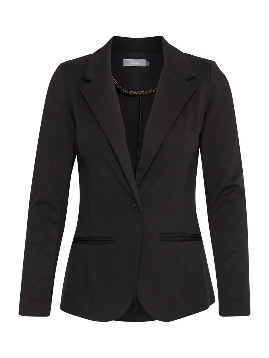 Black tailored single-button blazer with notched lapels and two front welt pockets on white background