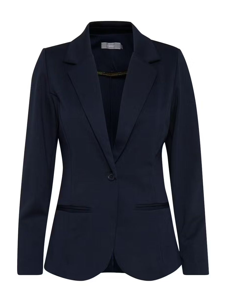 Navy tailored blazer with single-button closure and notched lapels, featuring front welt pockets and long sleeves.