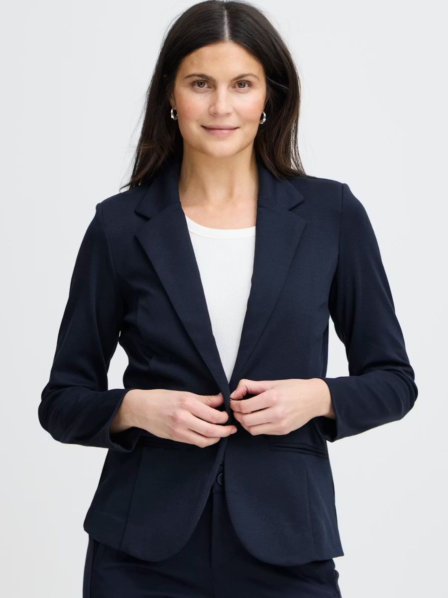 Fransa Jenns 1-Button Blazer in navy blue, tailored with lapels and front pockets from Fransa outerwear collection.