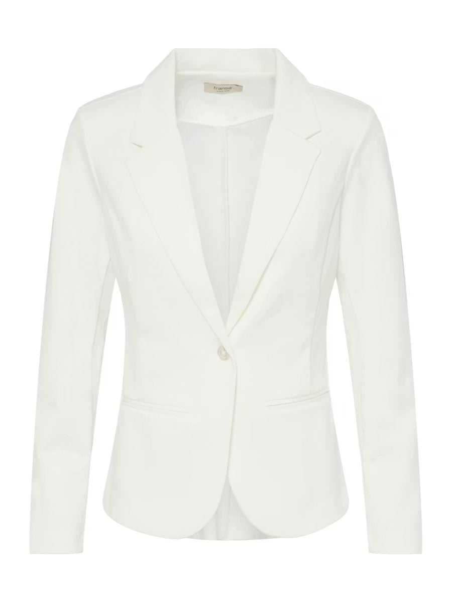 Off-white tailored blazer with single button closure and notched lapel collar, displayed on white background.
