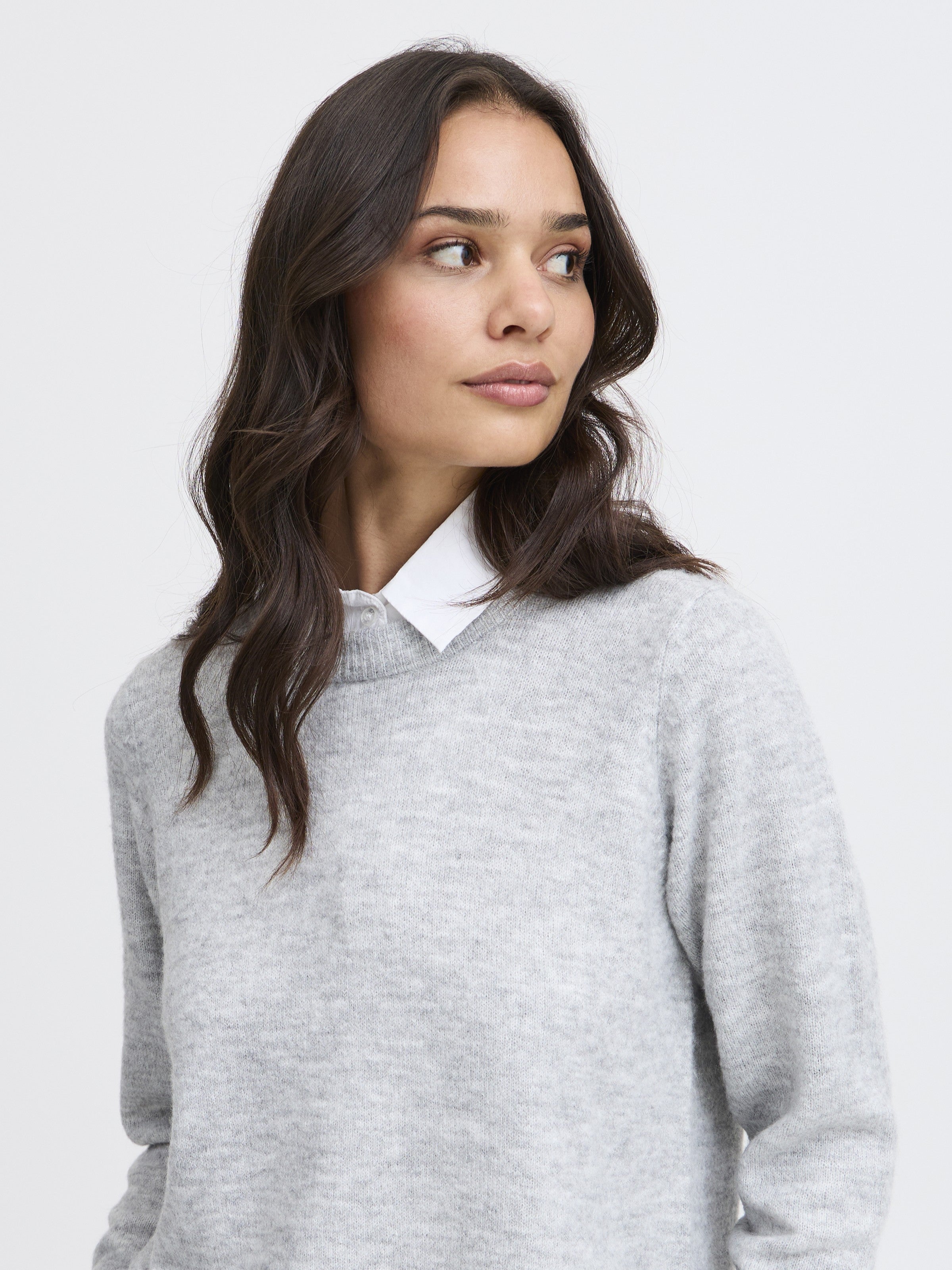 Fransa Removable Dickie Collar Insert in white layered under a light grey sweater for a polished look.