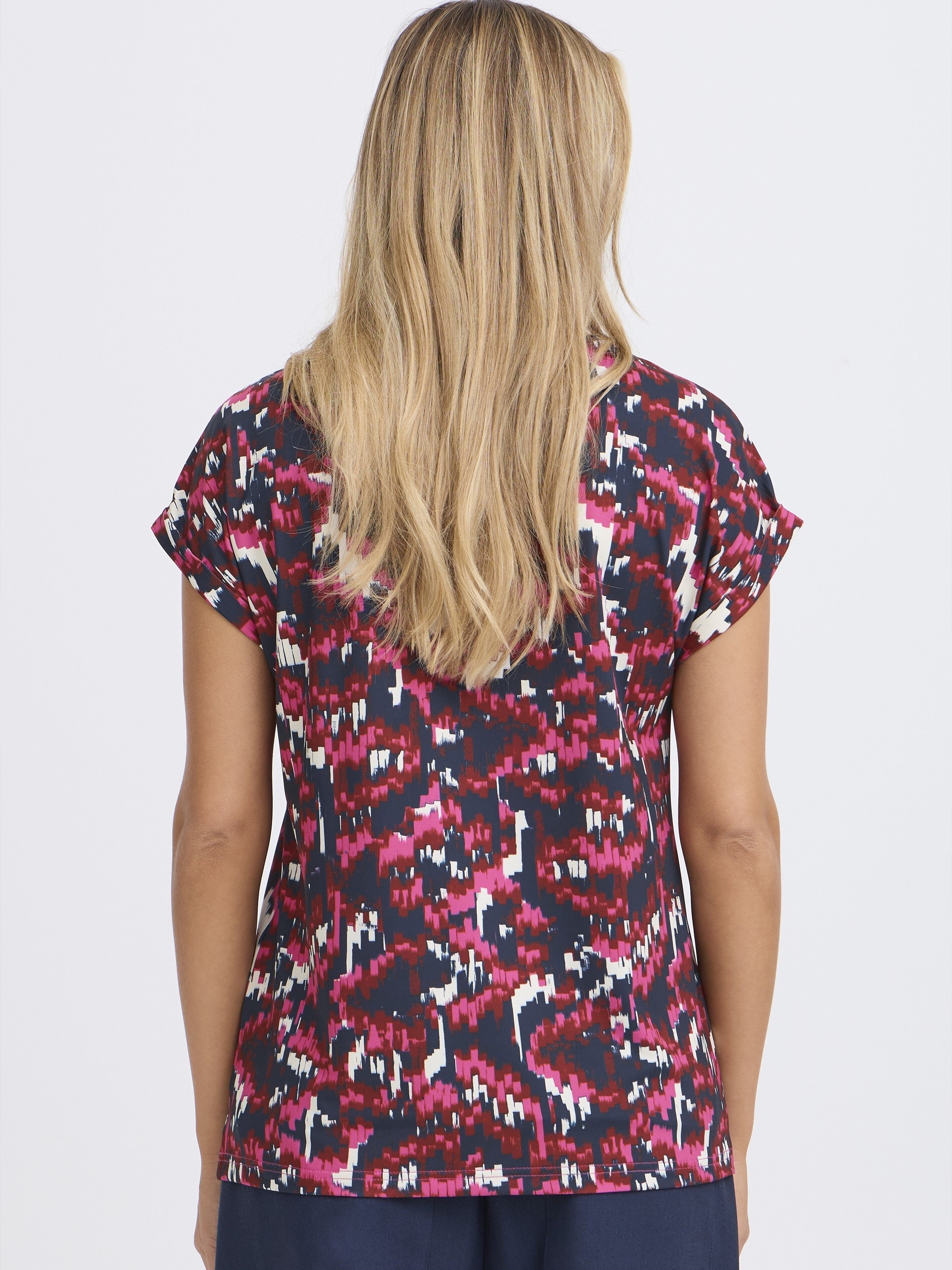 Fransa Seen Short Sleeve Crew Neck Top in dark berry abstract print, styled with short sleeves and relaxed fit.