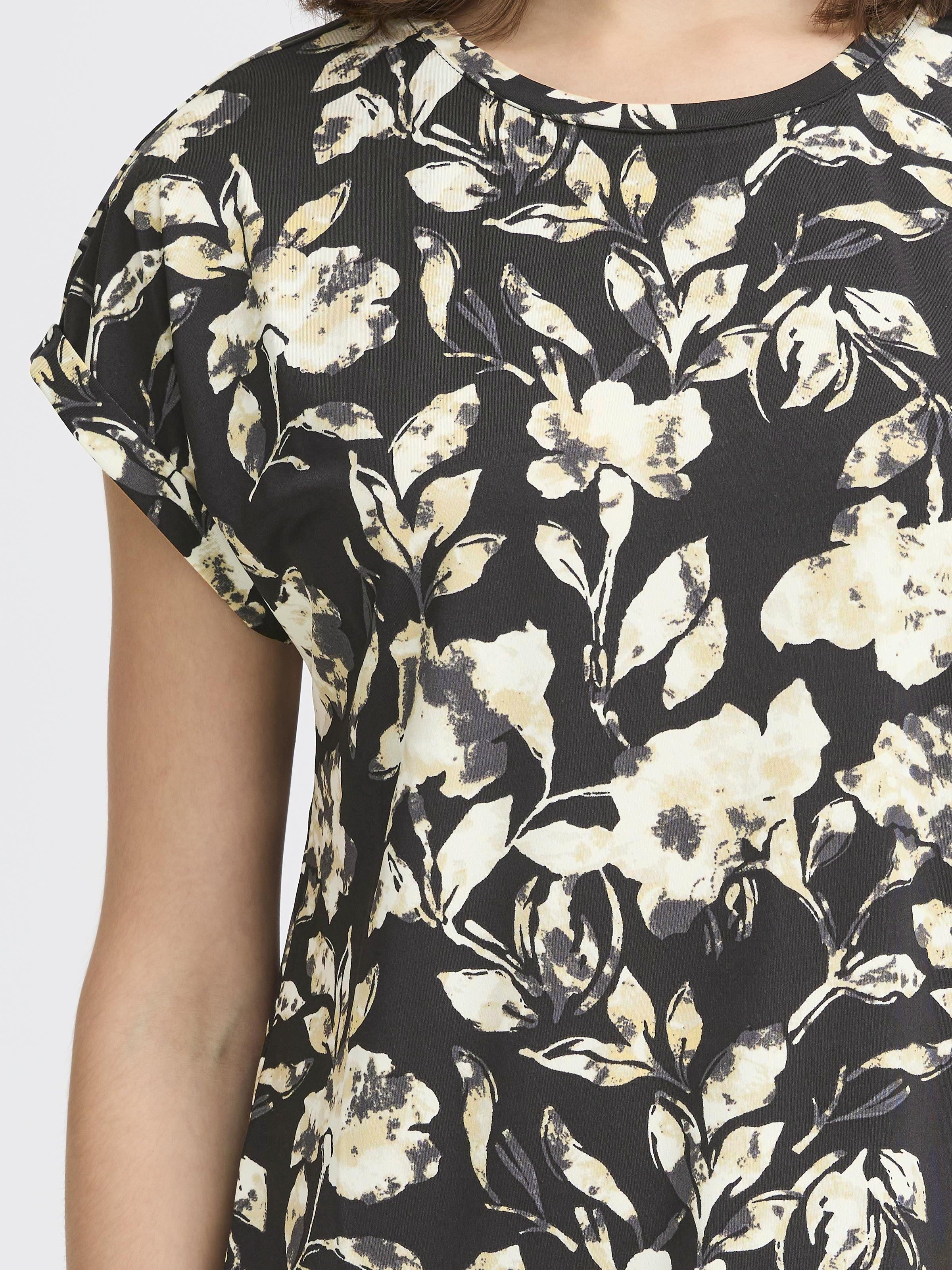 Fransa Seen Short Sleeve Crew Neck Top in black with beige and grey floral pattern by Fransa.