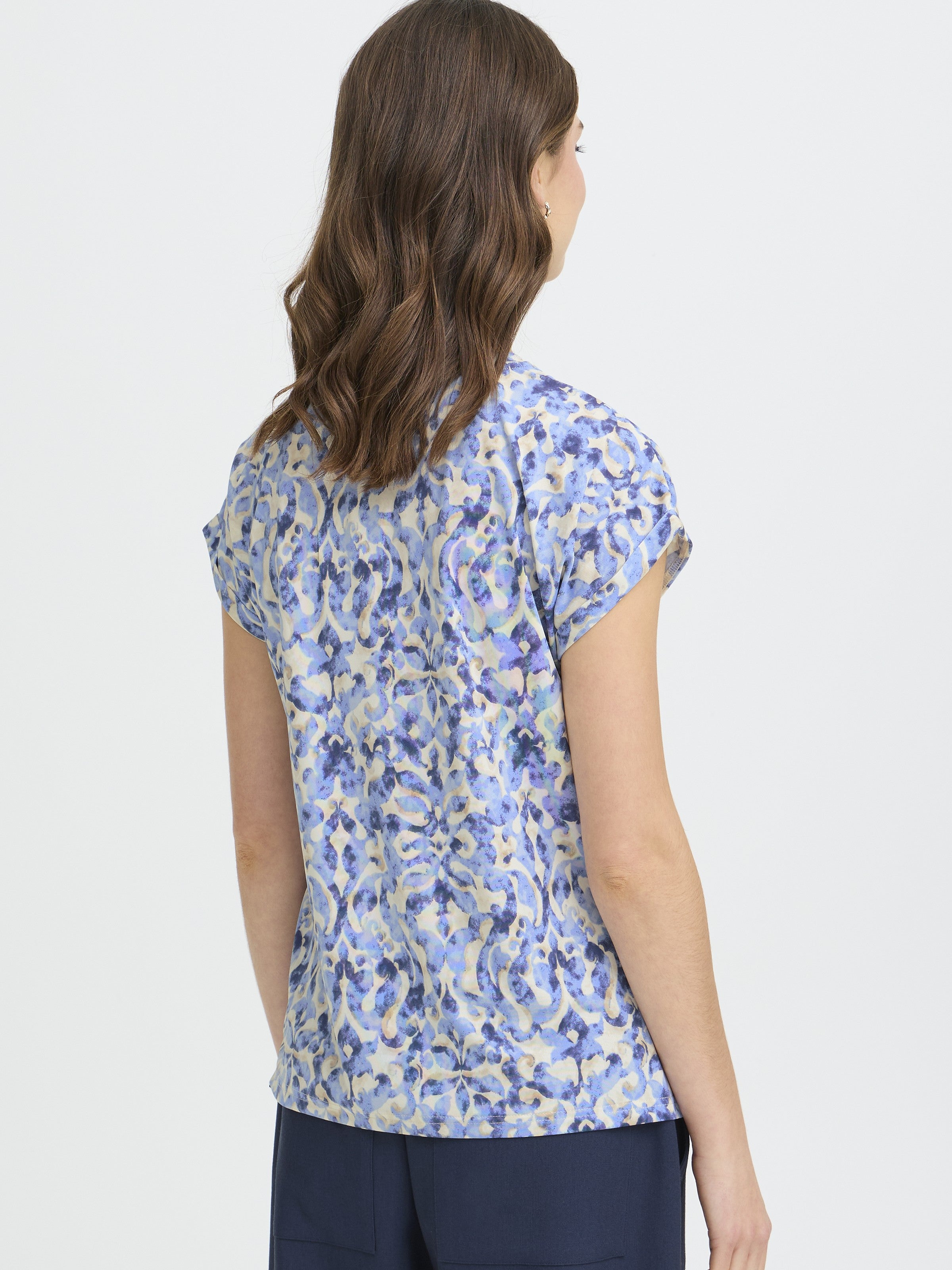 Back view of floral patterned Fransa Seen Short Sleeve Crew Neck Top in blue shades by Fransa.