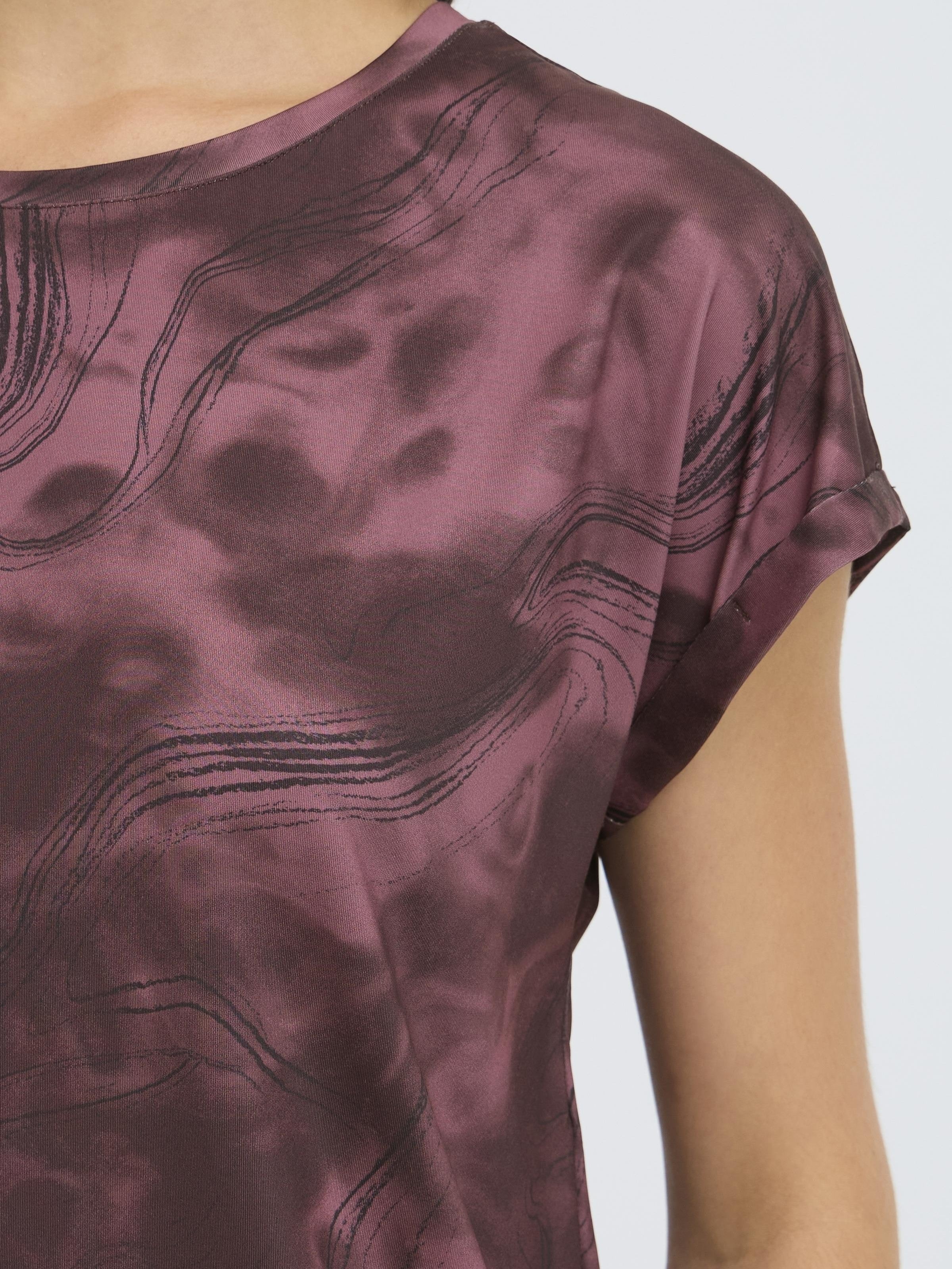 Fransa Seen Short Sleeve Crew Neck Top in burgundy with abstract black swirl pattern, made by Fransa.