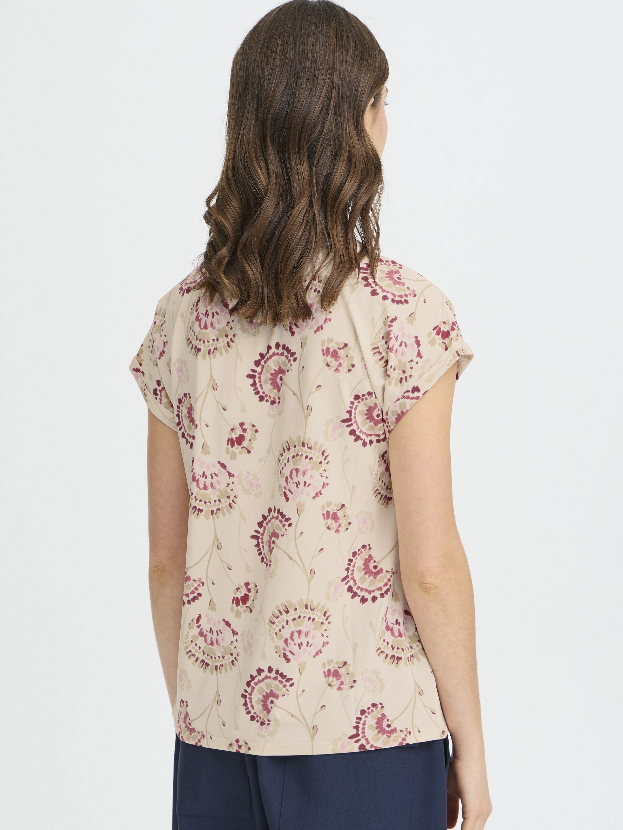 Fransa Seen Short Sleeve Crew Neck Top in floral print with beige and burgundy tones from Fransa collection.