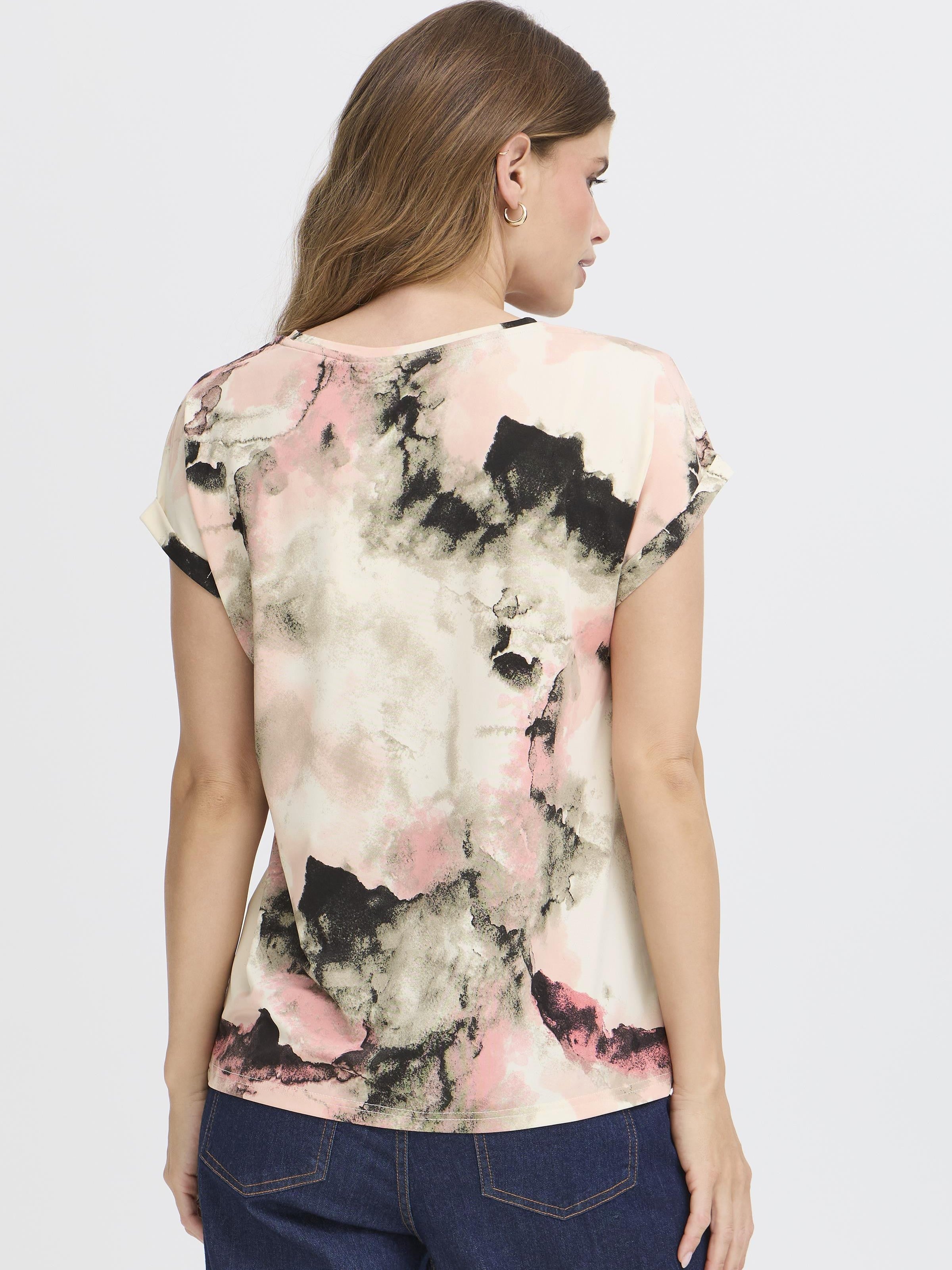 Fransa Seen Short Sleeve Crew Neck Top in abstract pink, black, and cream pattern with rolled sleeves and casual fit