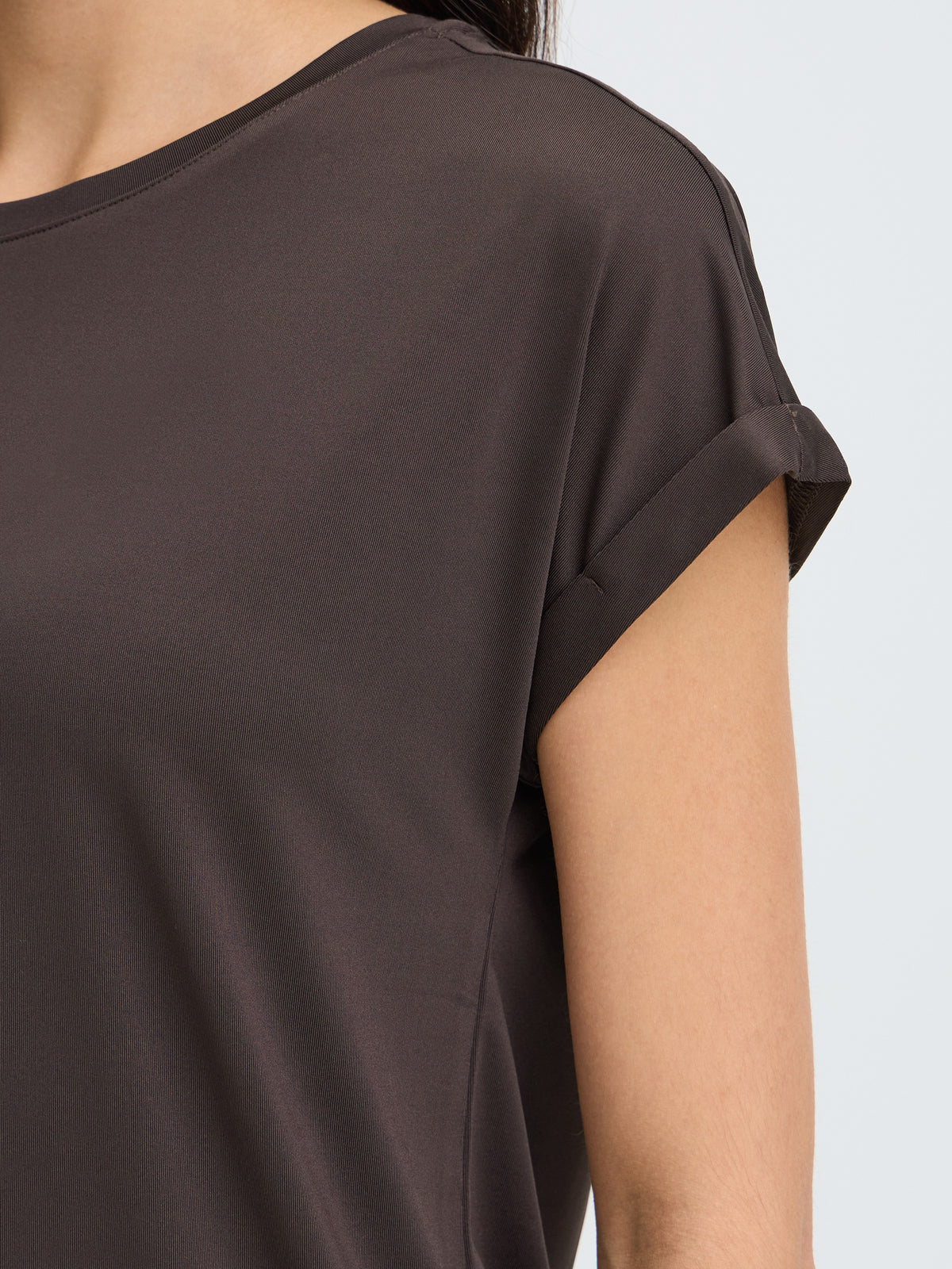Fransa Seen Crew Neck Short Sleeve Top in dark brown with crew neckline and rolled short sleeves