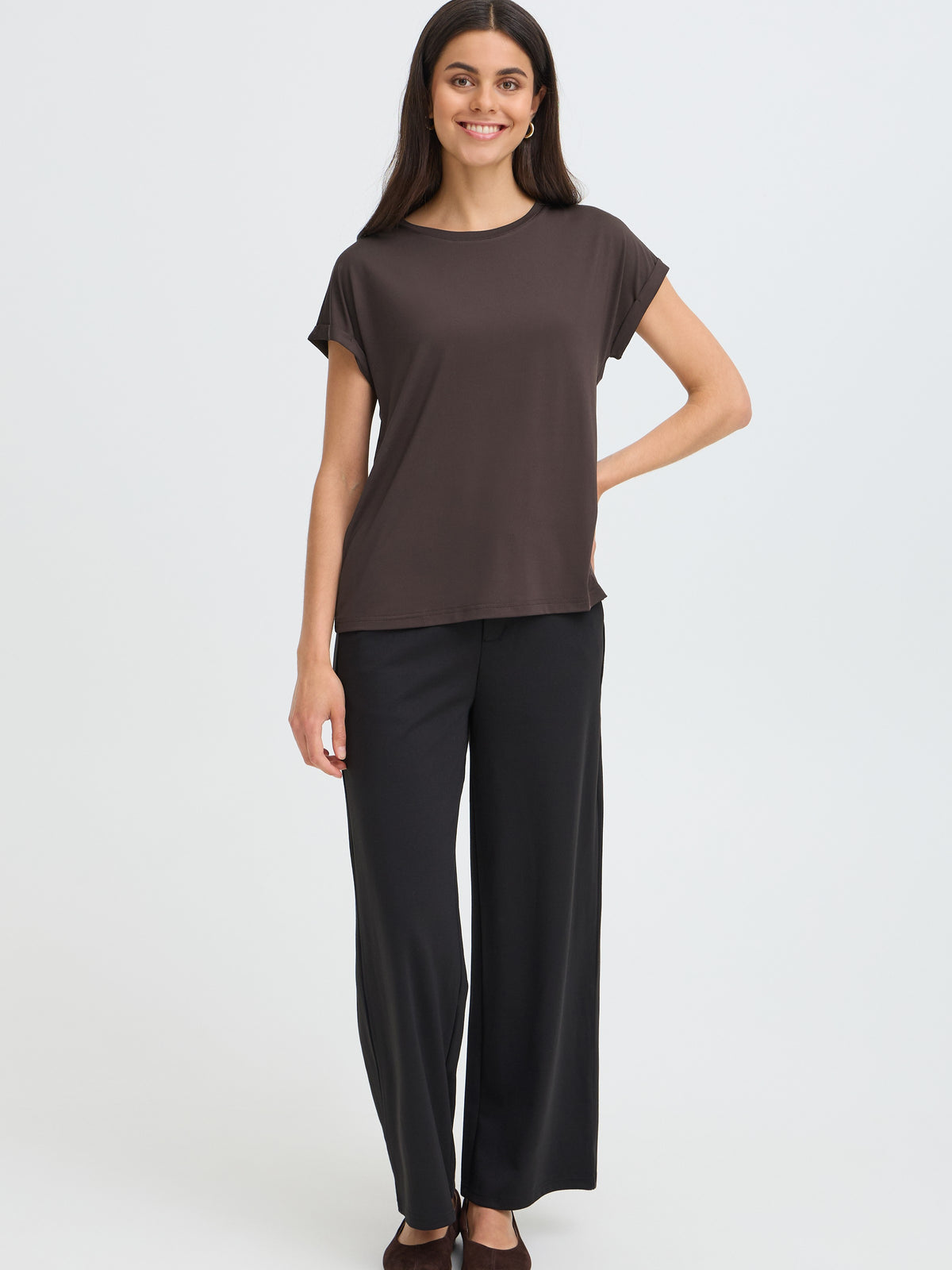 Fransa Seen Crew Neck Short Sleeve Top in dark brown with crew neck and short sleeves