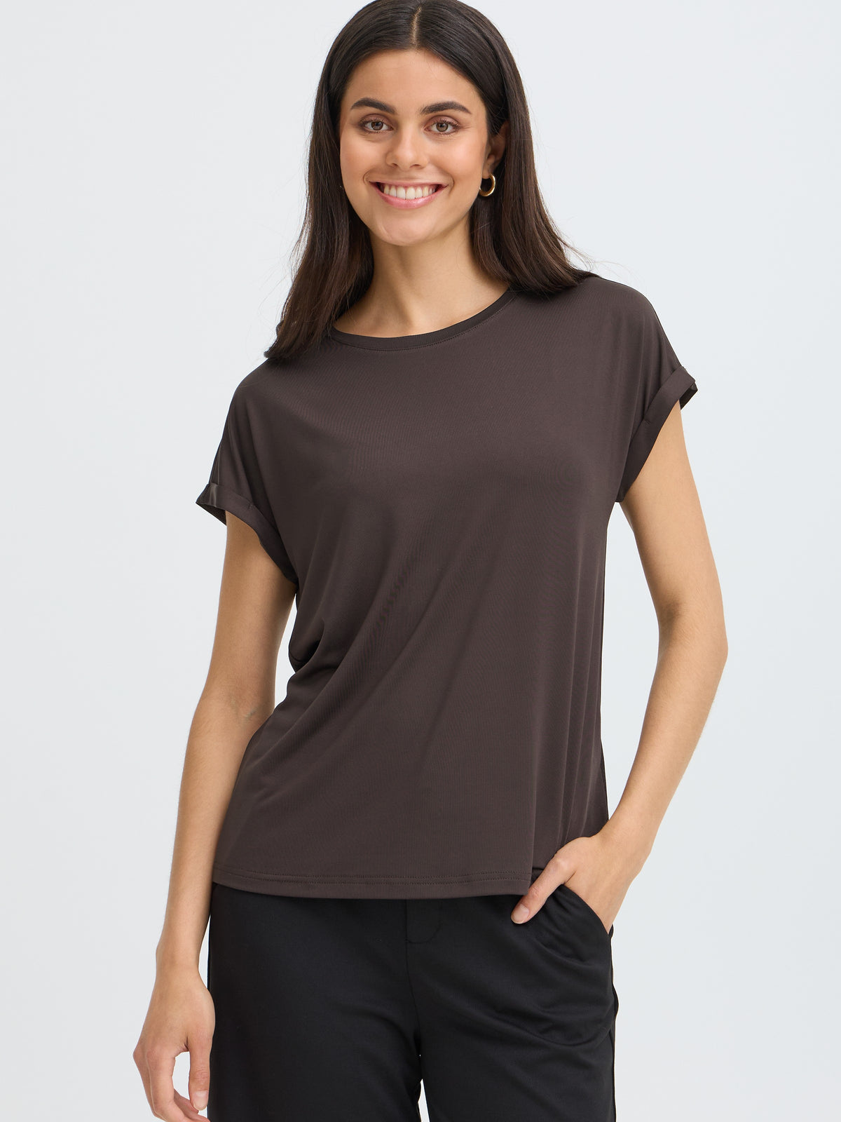 Fransa Seen Crew Neck Short Sleeve Top by Fransa in dark brown with crew neck and short sleeves