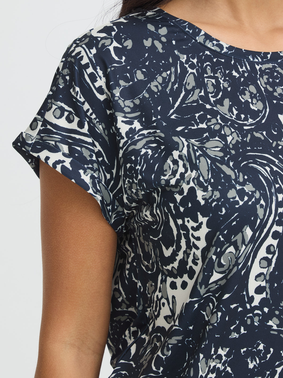 Fransa Seen Crew Neck Short Sleeve Top in navy and cream abstract print