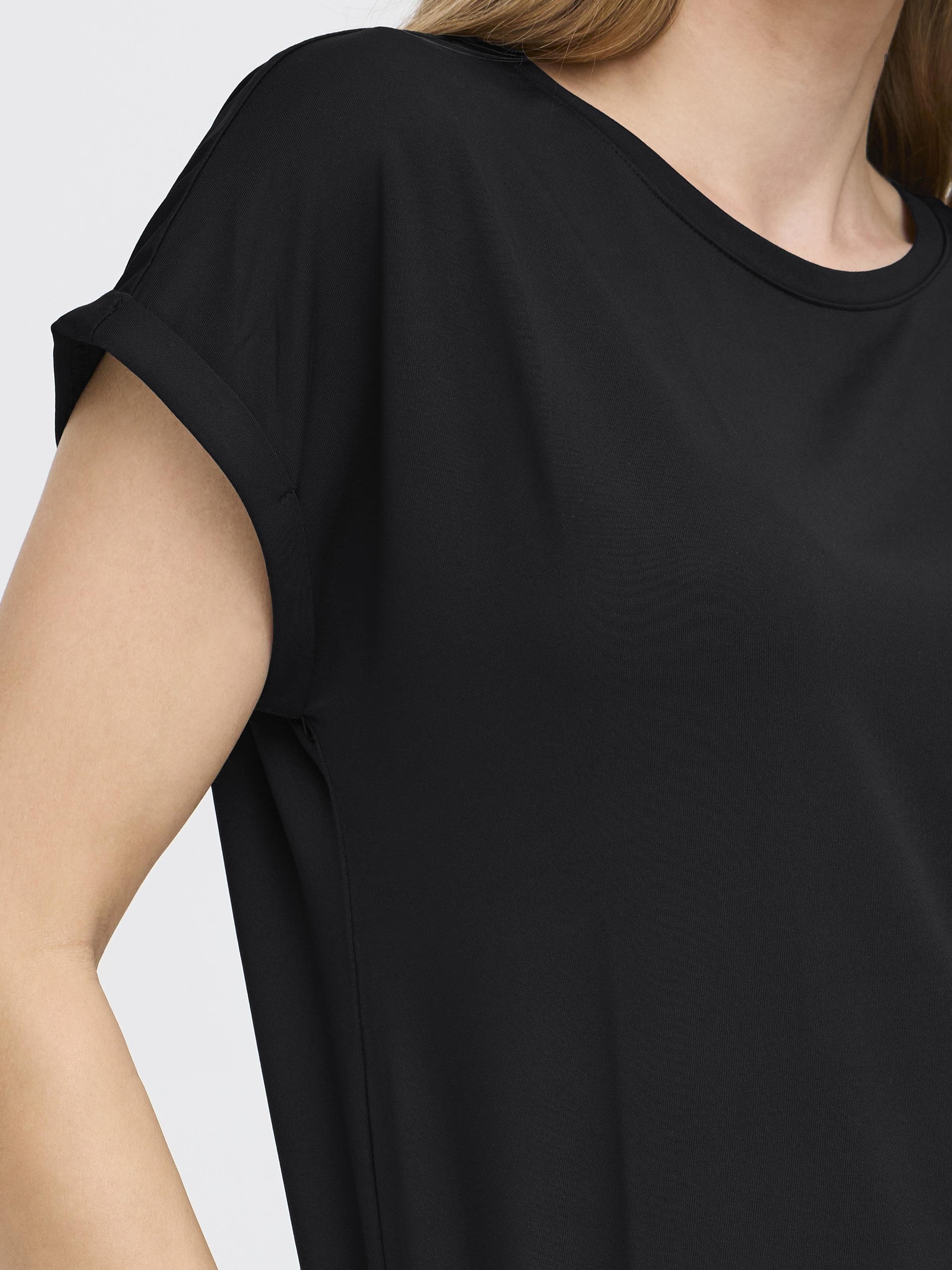 Close-up of black Fransa Seen Short Sleeve Crew Neck Top showcasing soft fabric and rolled sleeve detail by Fransa.