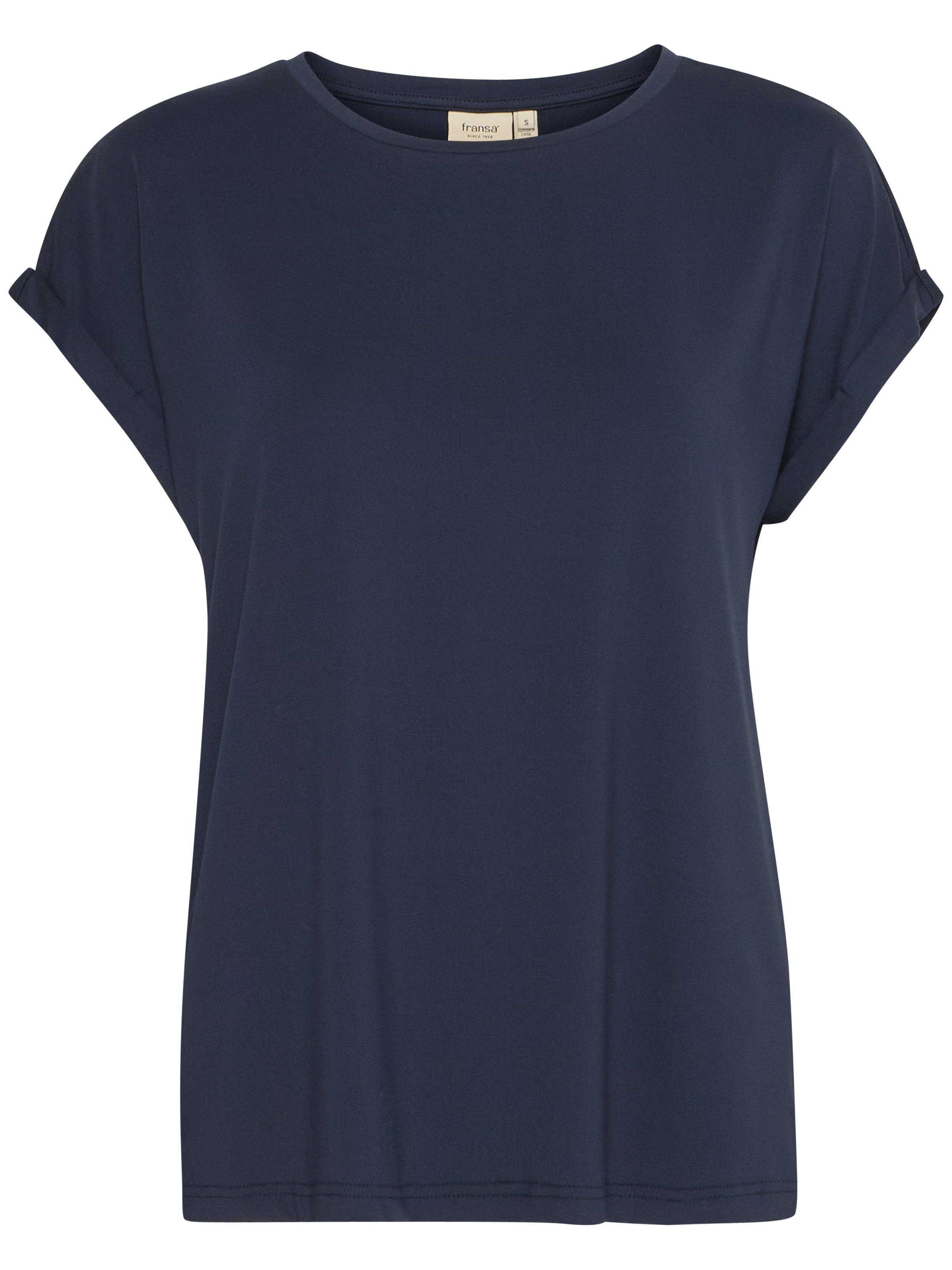 Fransa Seen Short Sleeve Crew Neck Top in navy blue, a casual soft fabric top from Fransa collection.