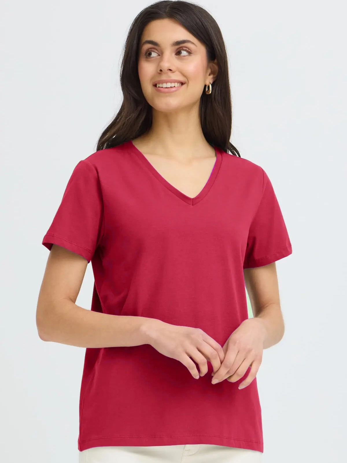 Fransa Shoulder Detail Short Sleeve V-Neck T-Shirt in red featuring a classic V-neck and short sleeves from Fransa tops collection.