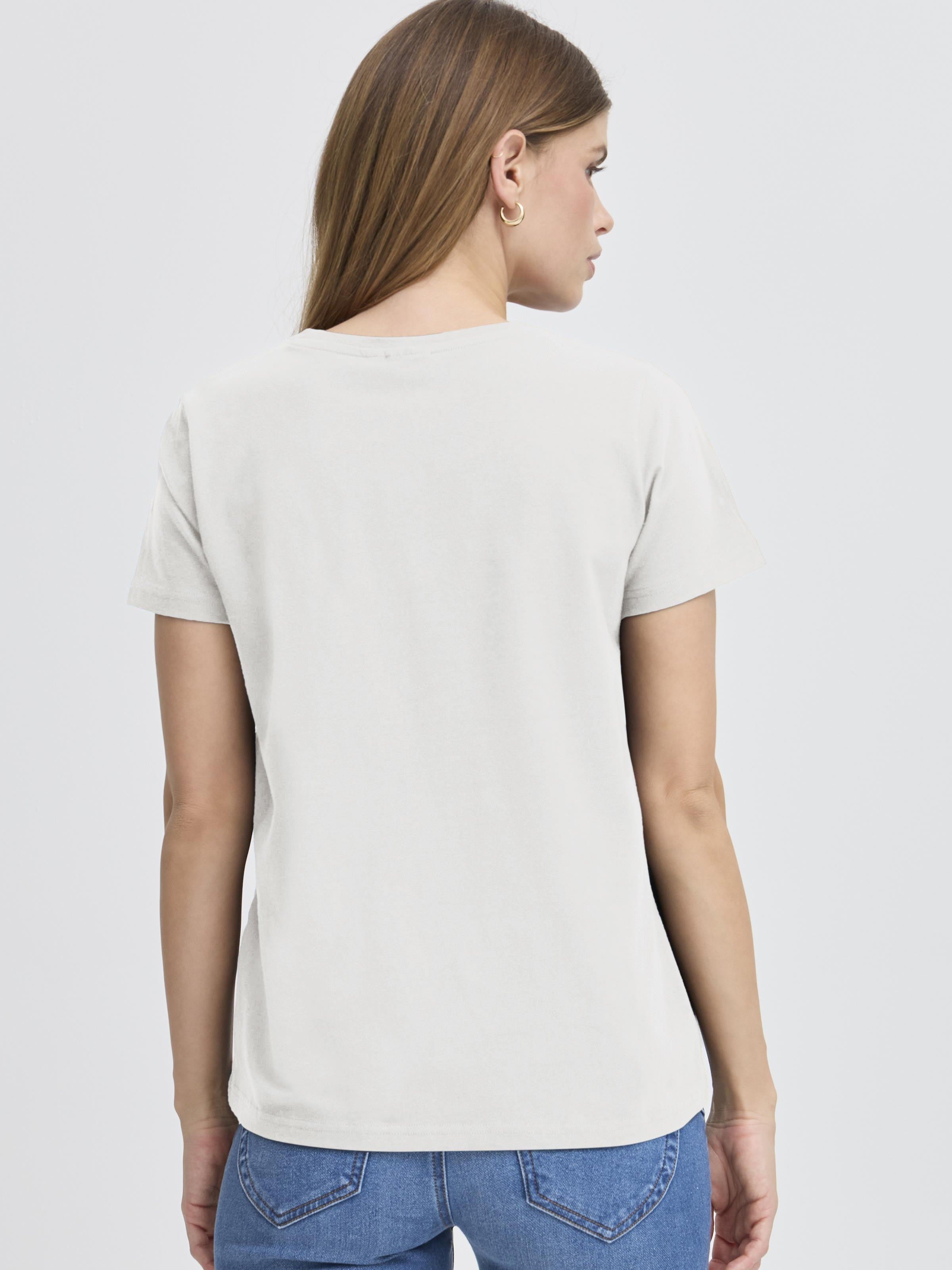 Back view of Fransa Shoulder Detail Short Sleeve V-Neck T-Shirt in white, paired with blue denim jeans by Fransa.