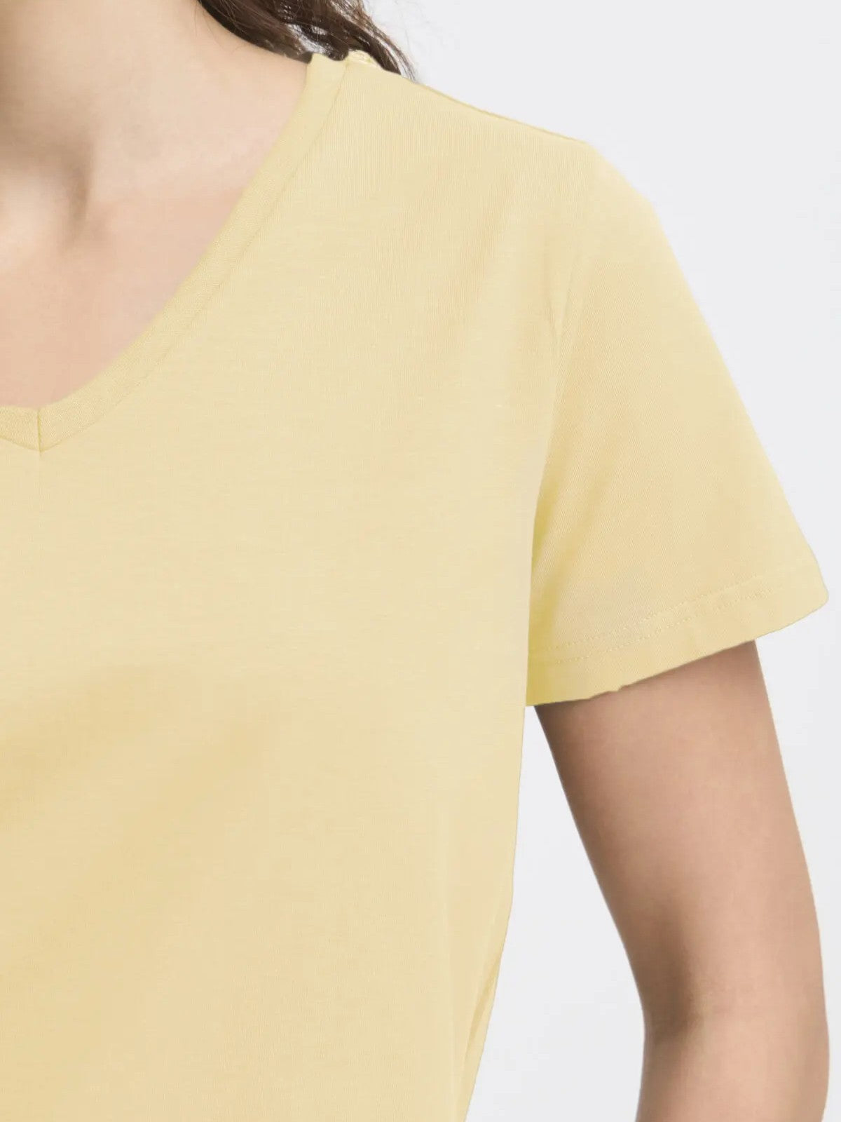 Fransa Shoulder Detail Short Sleeve V-Neck T-Shirt in soft yellow with subtle shoulder design and short sleeves.