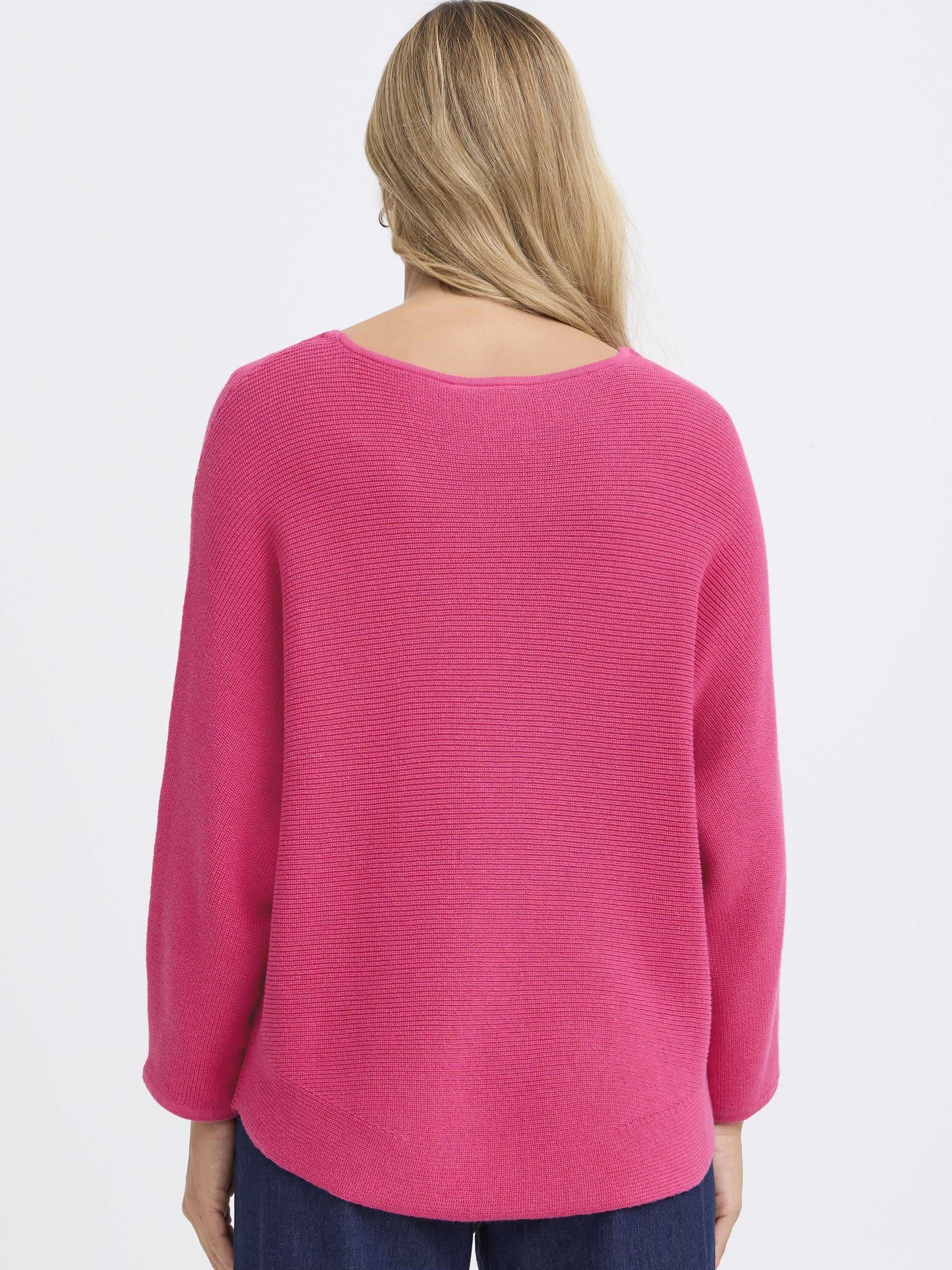 Back view of a bright berry Fransa Sinja Ribbed Crew Neck Knit Top on a model with light hair