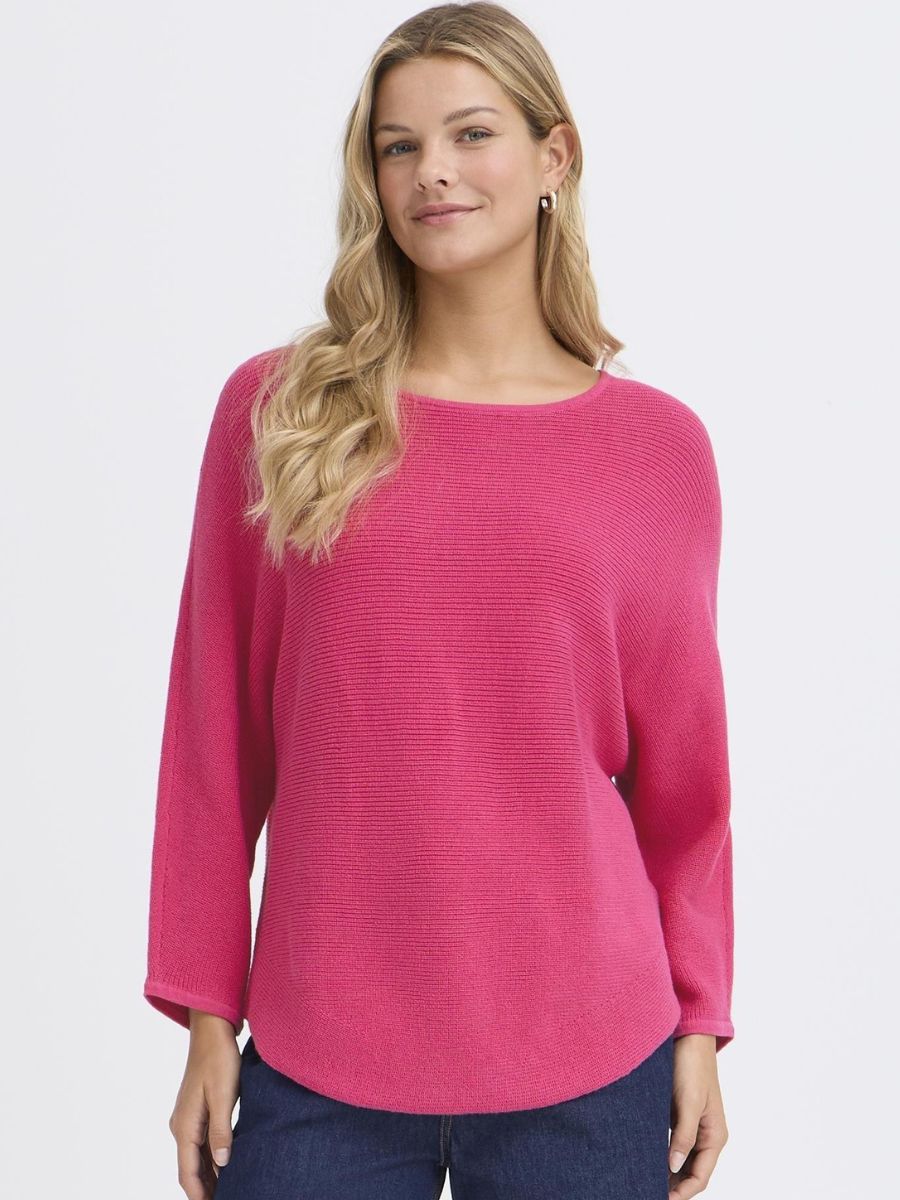 Fransa Sinja Ribbed Crew Neck Knit Top in berry pink, featuring long sleeves and a relaxed fit by Fransa