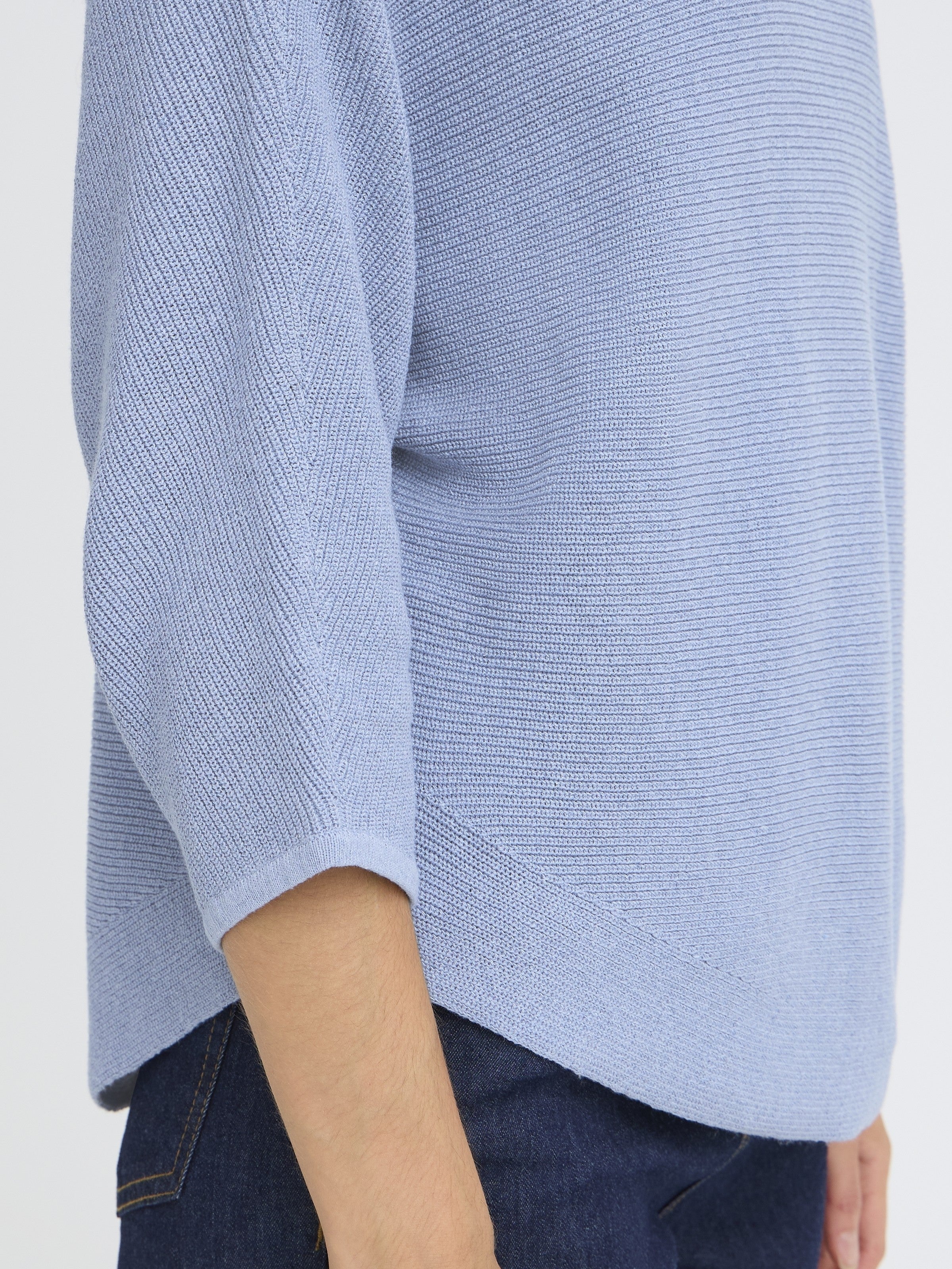 Fransa Sinja Ribbed Crew Neck Knit Top in soft blue knit fabric paired with dark denim for a casual look
