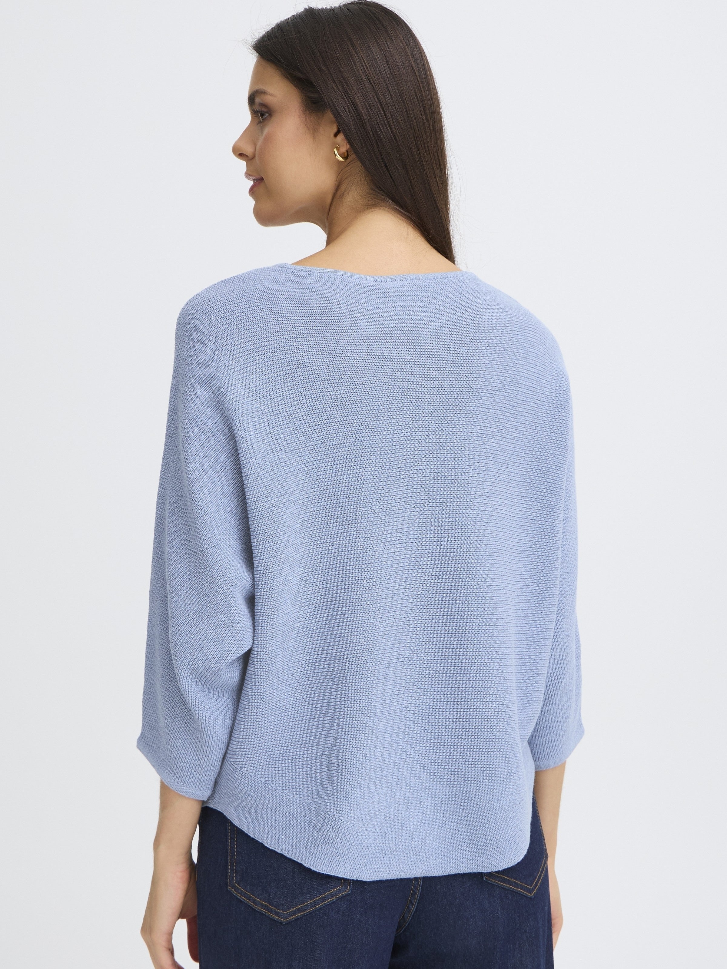 Back view of a blue knit top in soft ribbed texture, Fransa Sinja Ribbed Crew Neck Knit Top by Fransa.