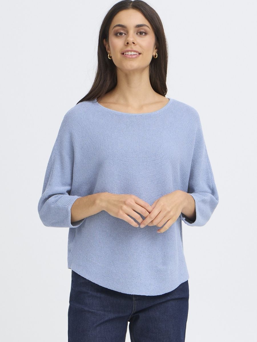 Fransa Sinja Ribbed Crew Neck Knit Top in soft blue, featuring a relaxed fit and long sleeves by Fransa.