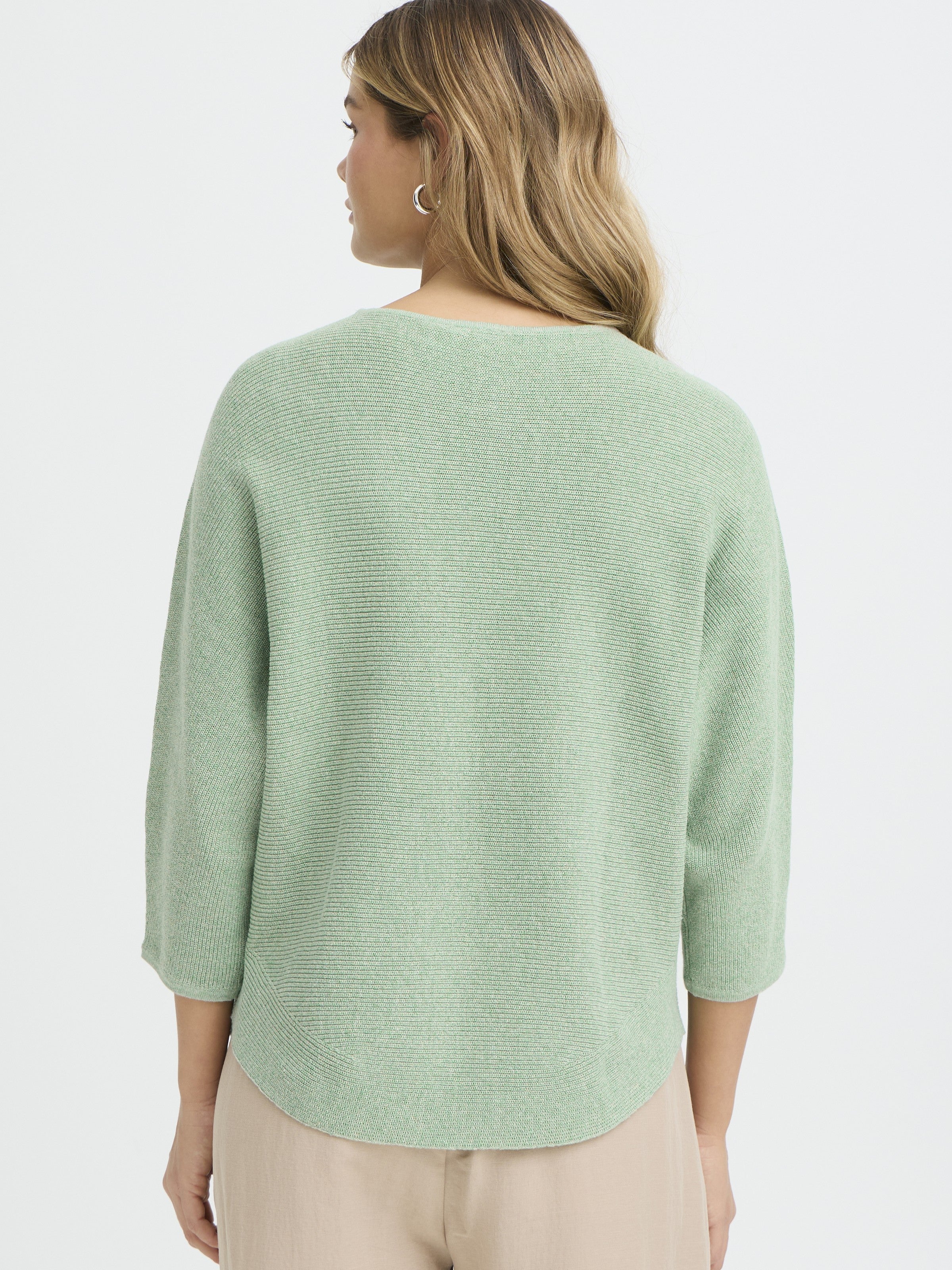 Back view of green textured knit top with three-quarter sleeves, Fransa Sinja Ribbed Crew Neck Knit Top by Fransa.