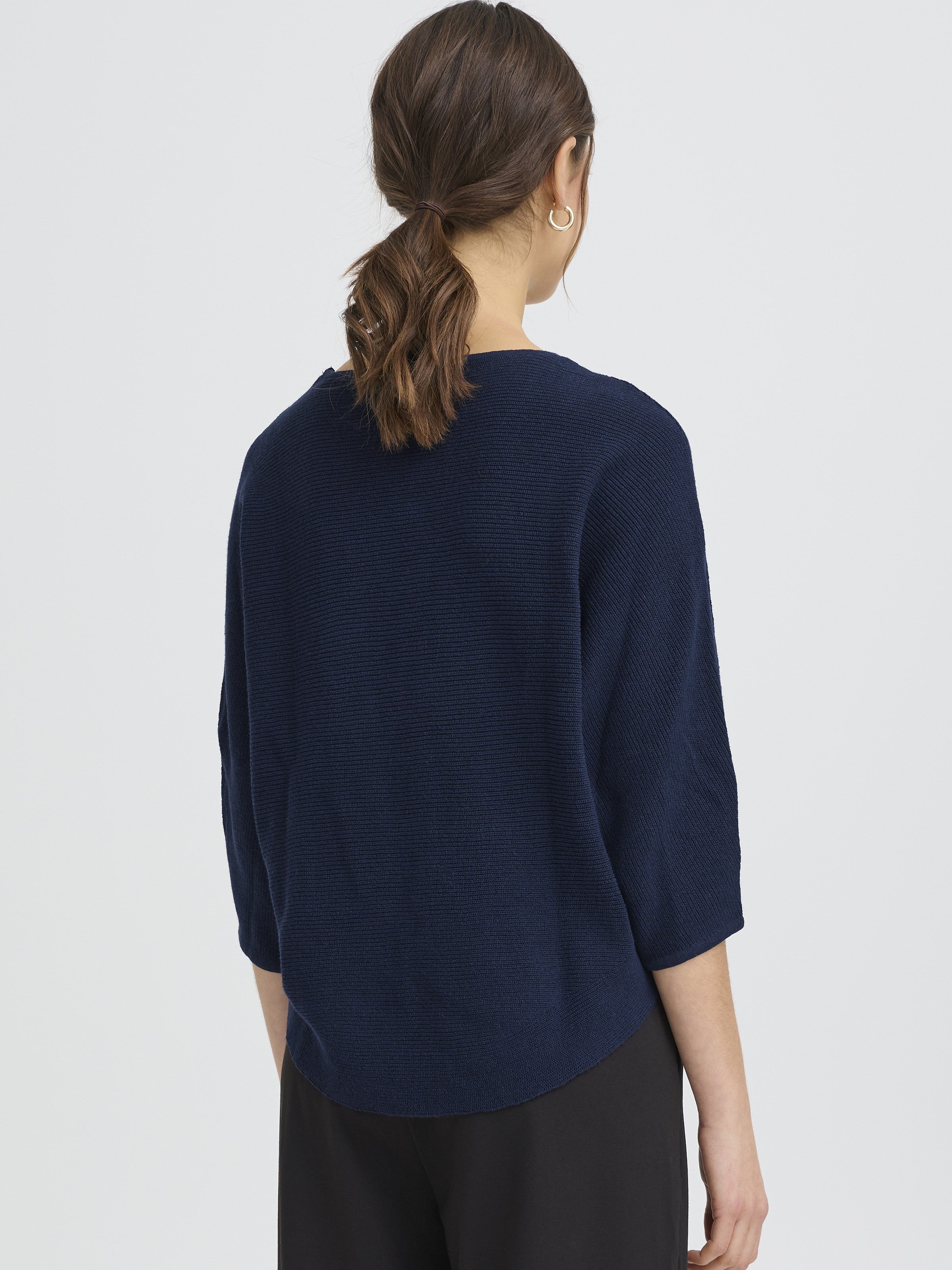 Back view of a navy ribbed knit top in crew neck style, Fransa Sinja Ribbed Crew Neck Knit Top by Fransa.