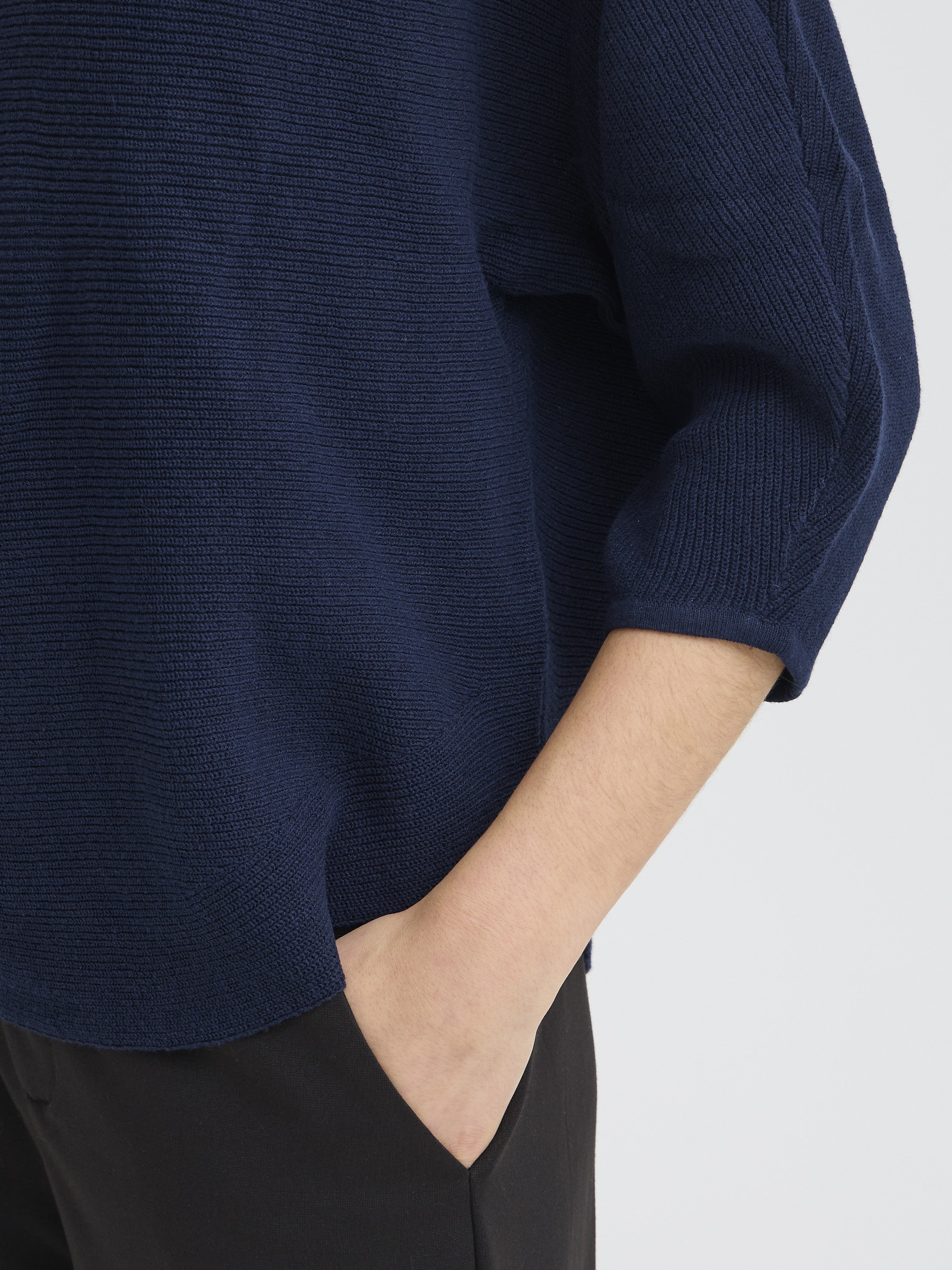 Close-up of navy knit top with ribbed texture and three-quarter sleeve from Fransa Sinja Ribbed Crew Neck Knit Top collection