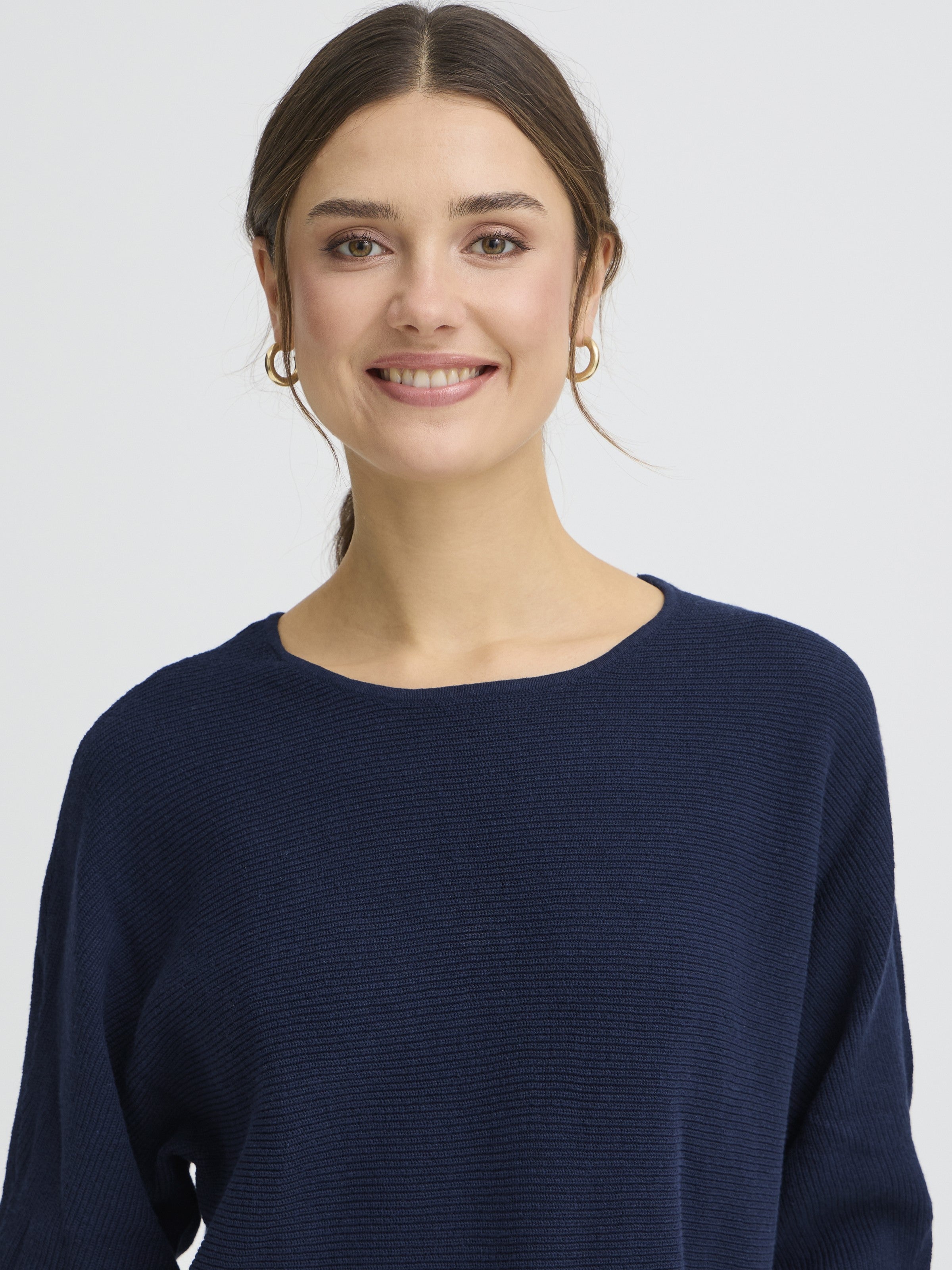 Fransa Sinja Ribbed Crew Neck Knit Top in navy blue knit fabric with subtle ribbed texture and crew neckline
