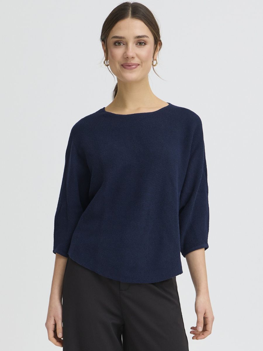 Fransa Sinja Ribbed Crew Neck Knit Top in navy blue, styled with three-quarter sleeves and ribbed texture.