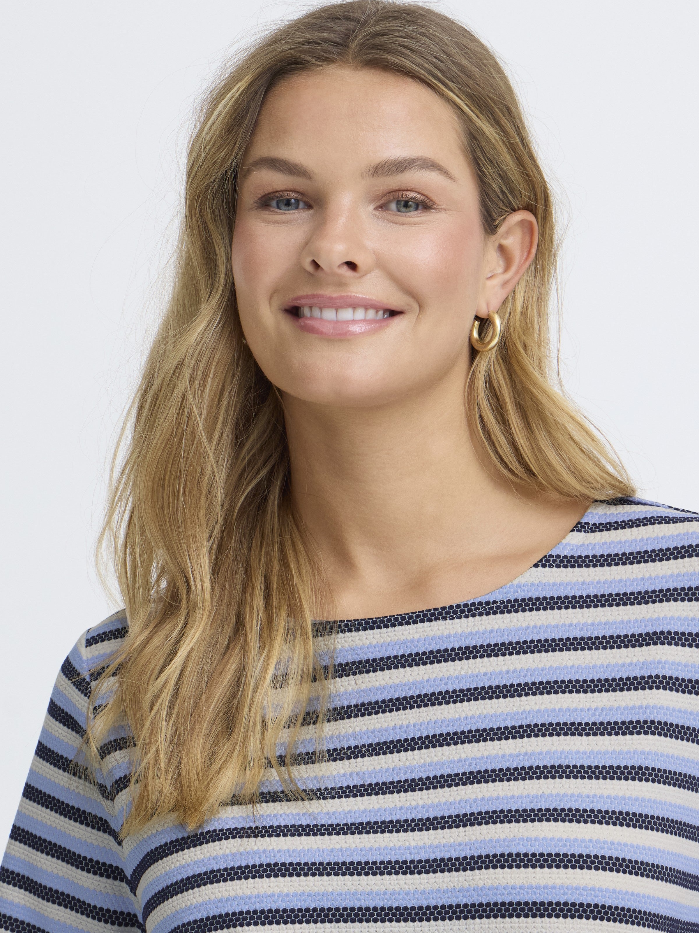 Close-up of a blue striped Fransa Josie Striped Short Sleeve Top from Fransa, perfect casual top for everyday wear