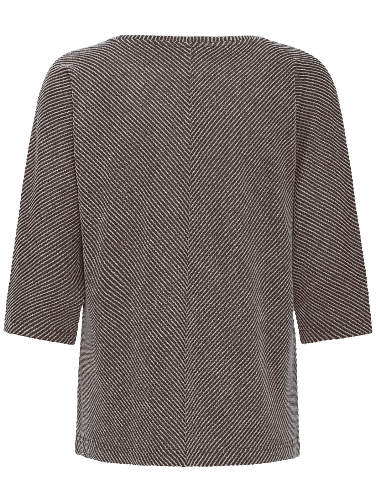 Brown herringbone long sleeve top with a round neckline and straight hem