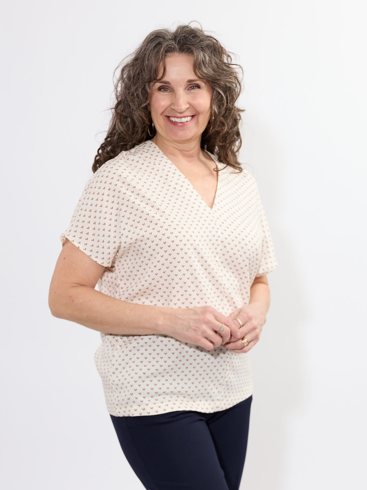 Fransa Justine Heart Print Short Sleeve V-Neck Top in off-white with subtle heart print and relaxed fit from Fransa.