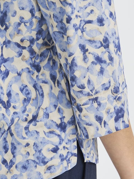 Close-up of blue patterned fabric and cuff detail on Fransa Seen Three-Quarter Sleeve Cuff Top by Fransa