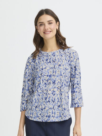 Fransa Seen Three-Quarter Sleeve Cuff Top in blue patterned fabric, styled casually with navy bottoms from Fransa.