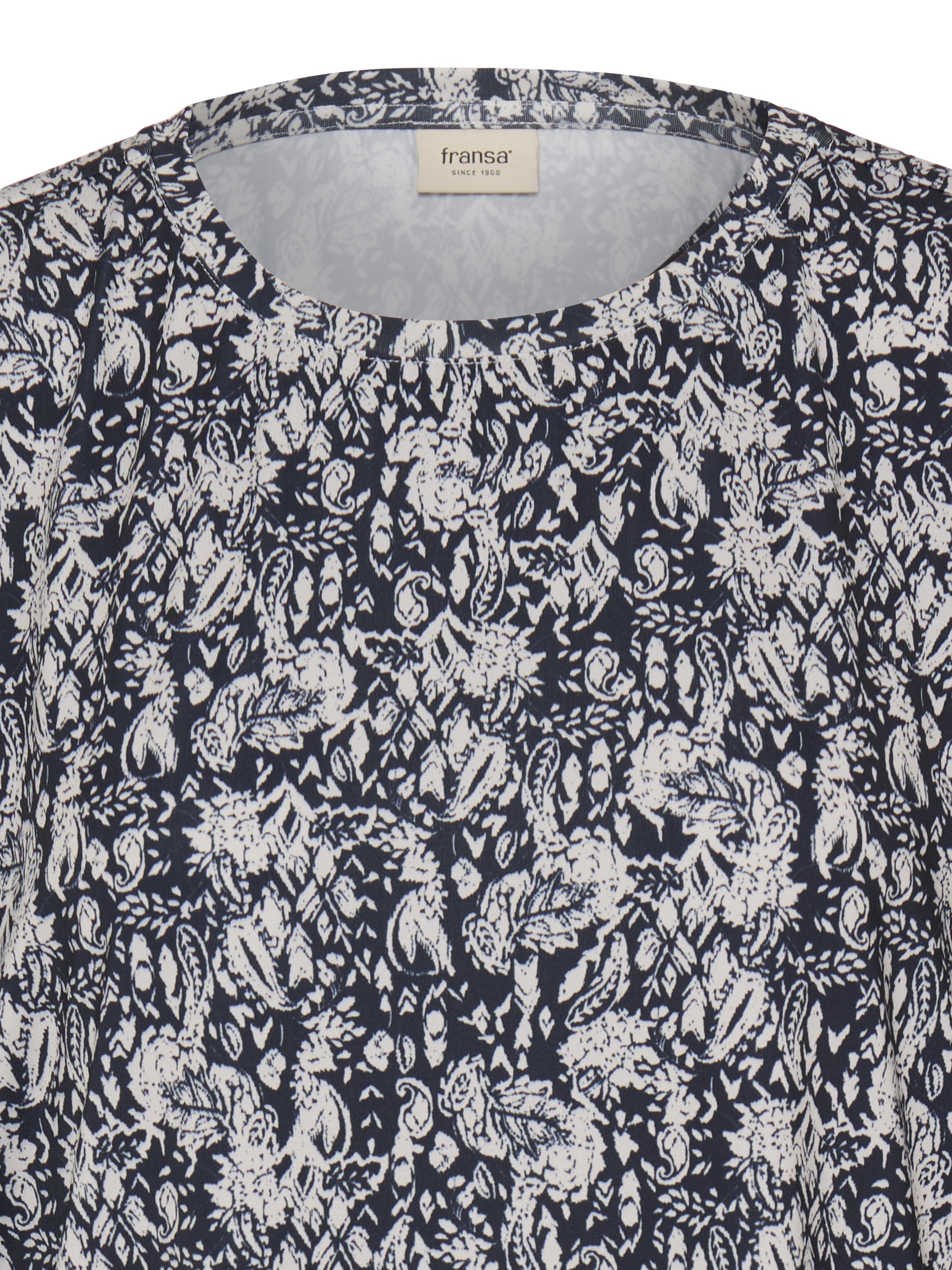Fransa Seen Three-Quarter Sleeve Cuff Top in navy with intricate white floral print by Fransa, perfect casual top option.