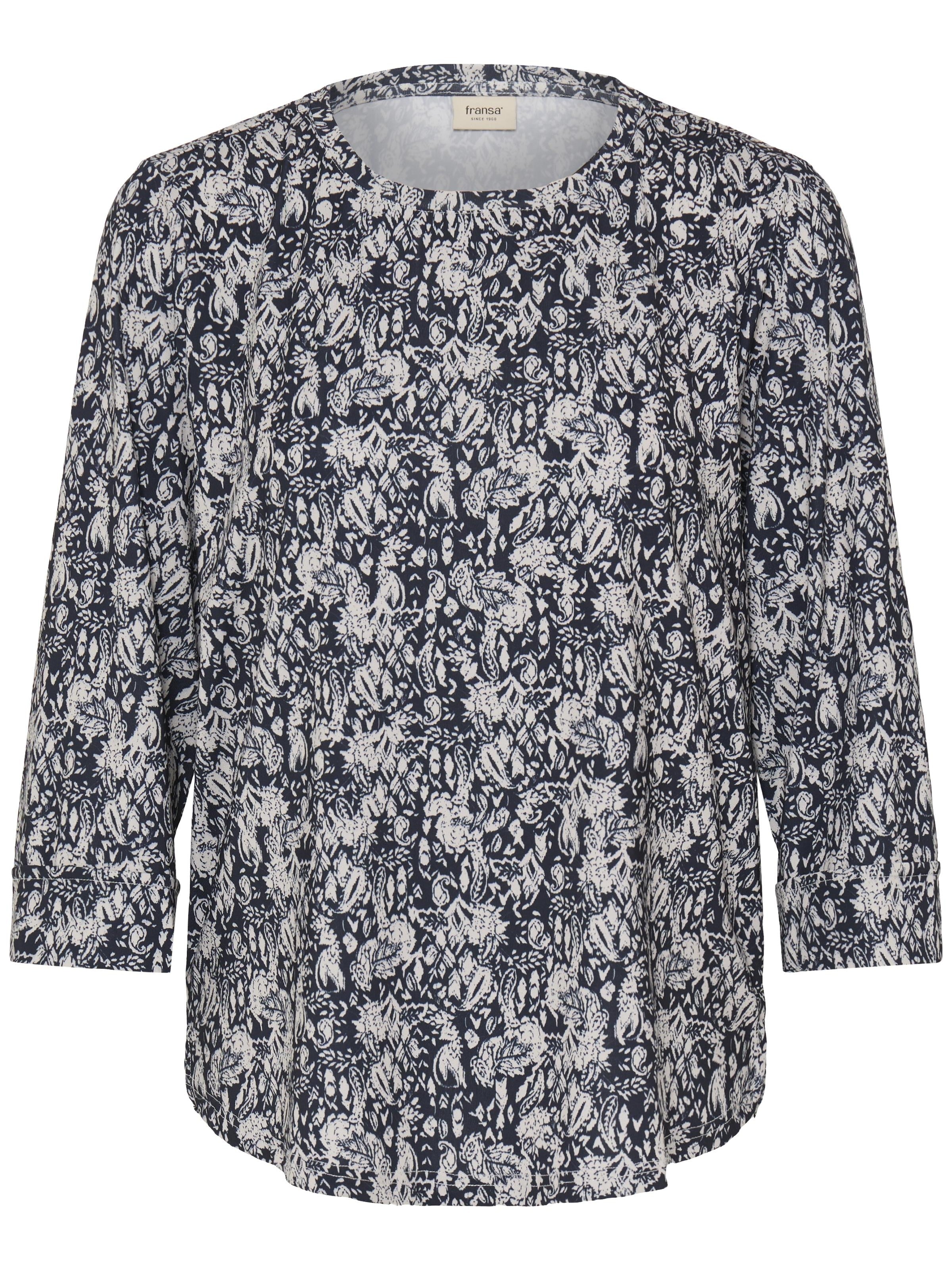 Fransa Seen Three-Quarter Sleeve Cuff Top in navy with white floral print, featuring a round neckline and cuffed sleeves.