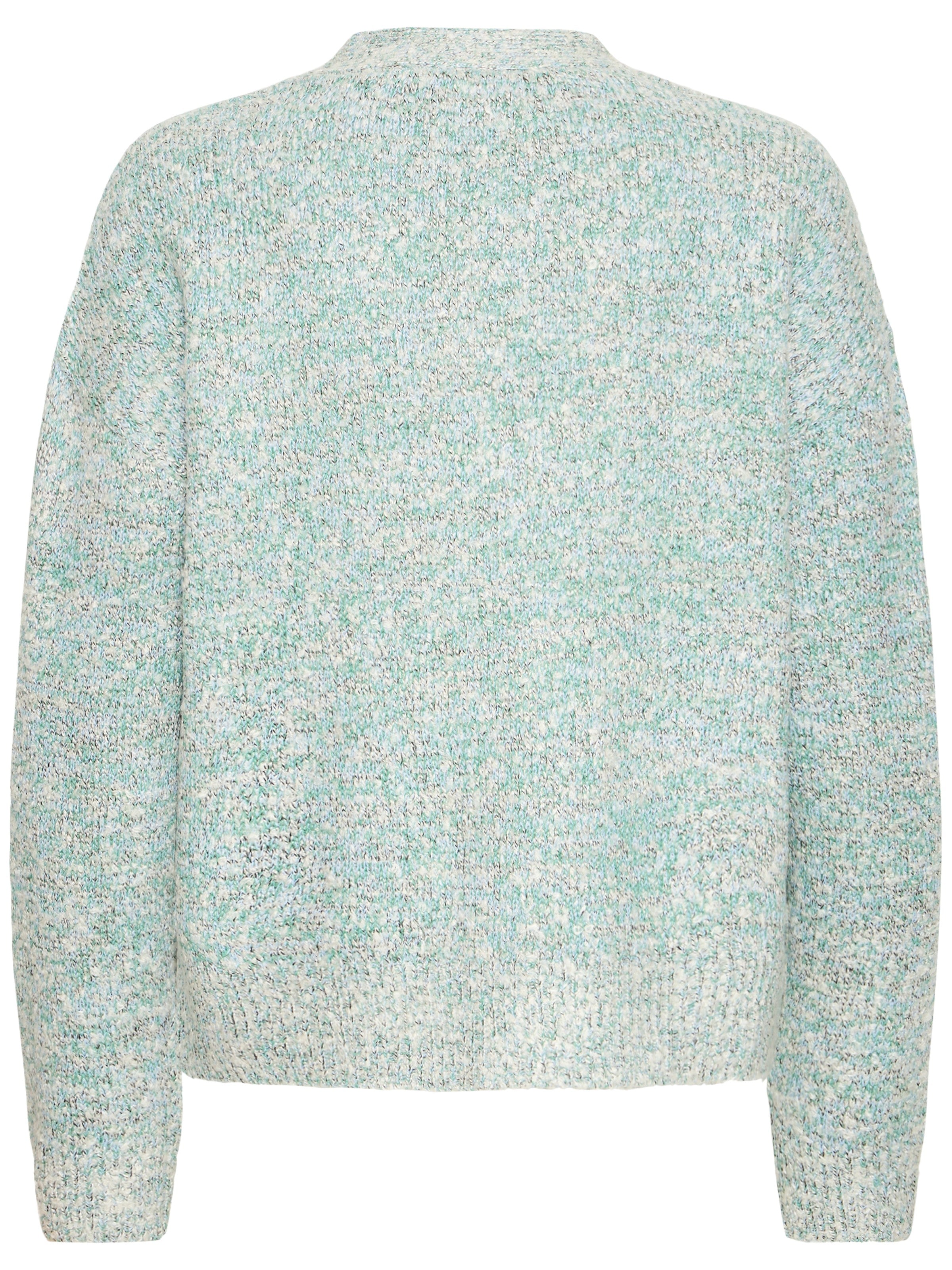 Back view of Fransa Viola Bouclé Button-Front Cardigan in soft green textured knit sweater outerwear.
