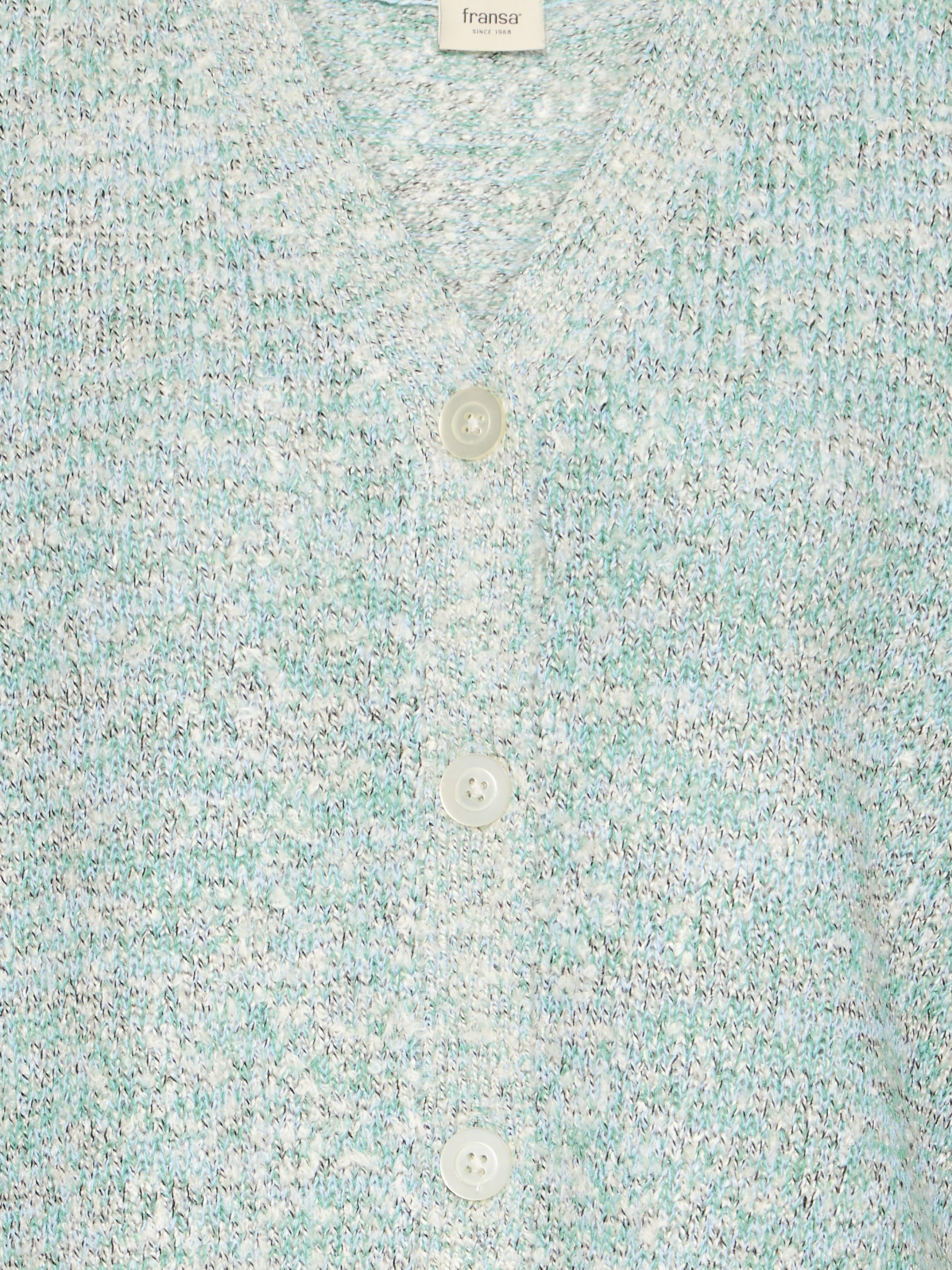Close-up of Fransa Viola Bouclé Button-Front Cardigan in soft green knit sweater with buttons from Fransa outerwear collection