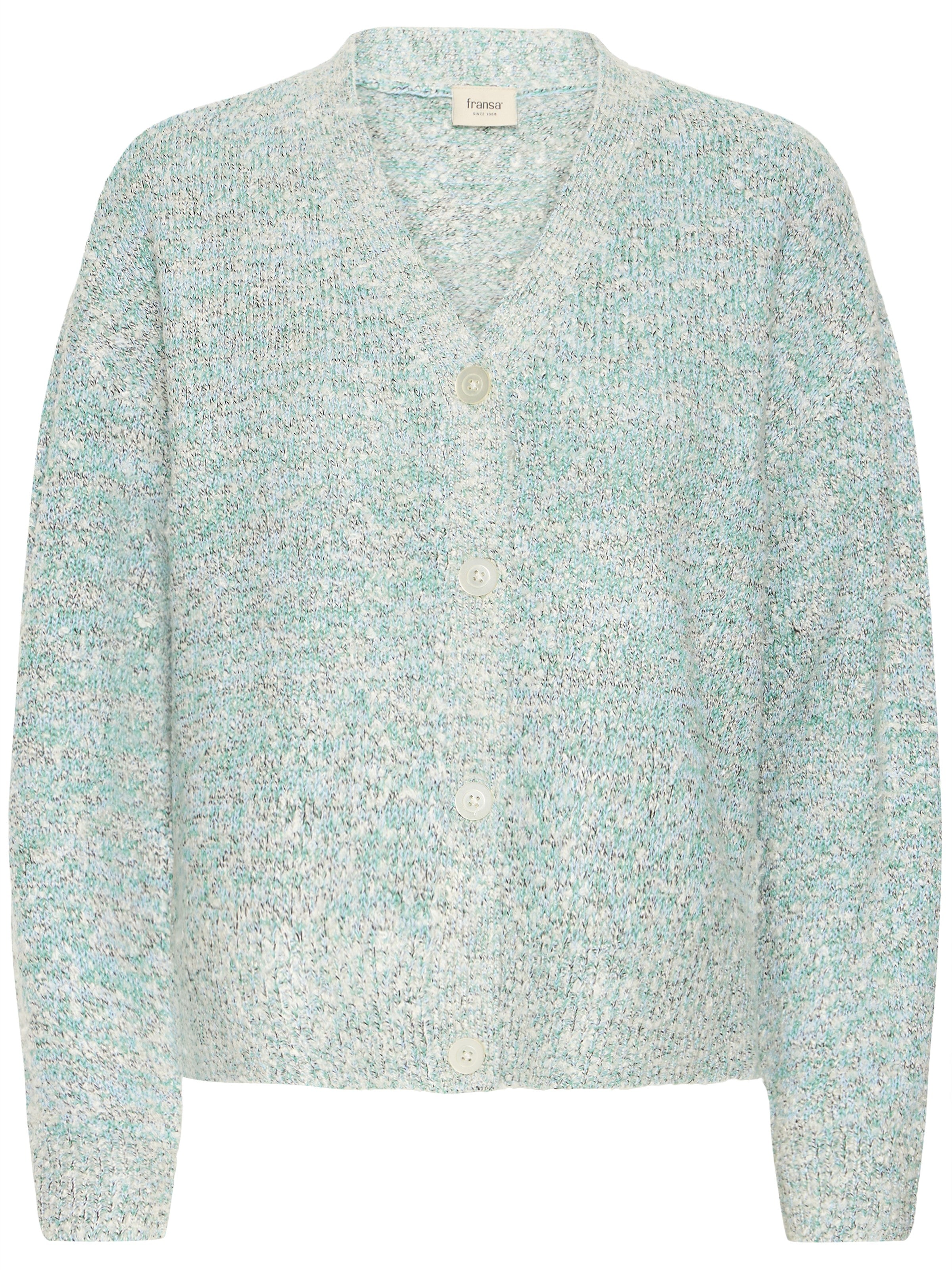 Fransa Viola Bouclé Button-Front Cardigan in soft green tones, cozy sweater knit perfect for layering outerwear.