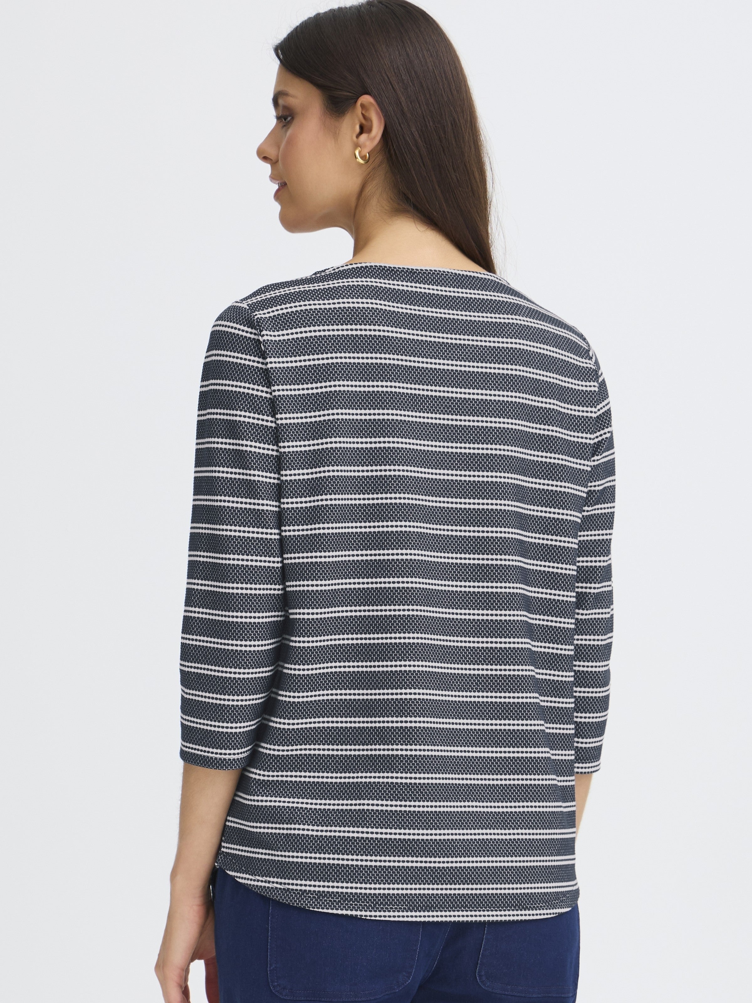 Back view of Fransa Josie Striped Three-Quarter Sleeve Crew Neck Top in navy with white stripes and 3/4 sleeves