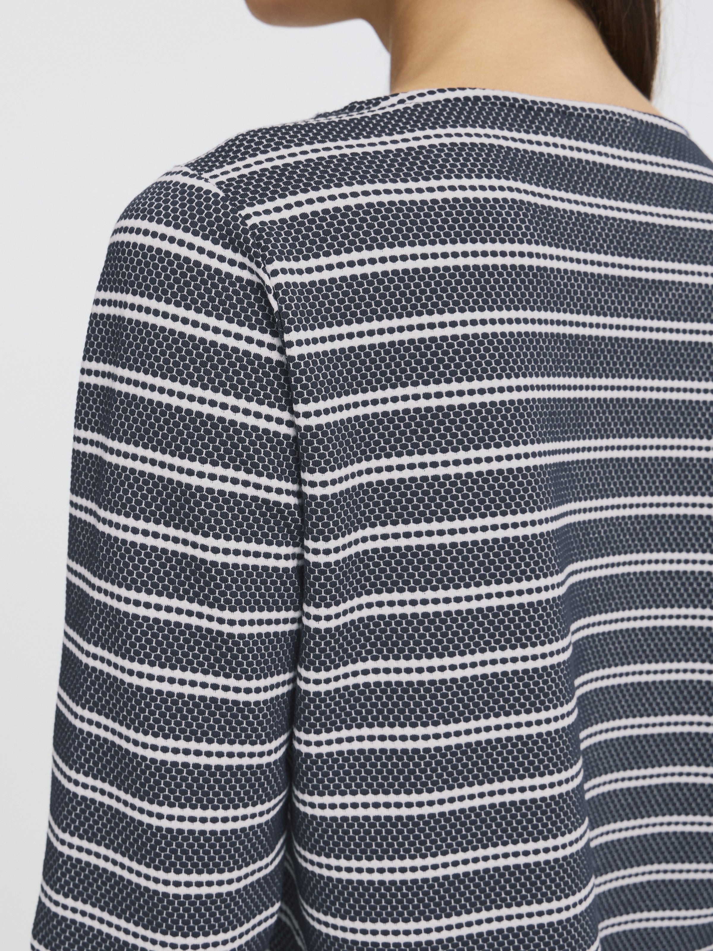 Fransa Josie Striped Three-Quarter Sleeve Crew Neck Top in navy with textured horizontal stripes by Fransa.